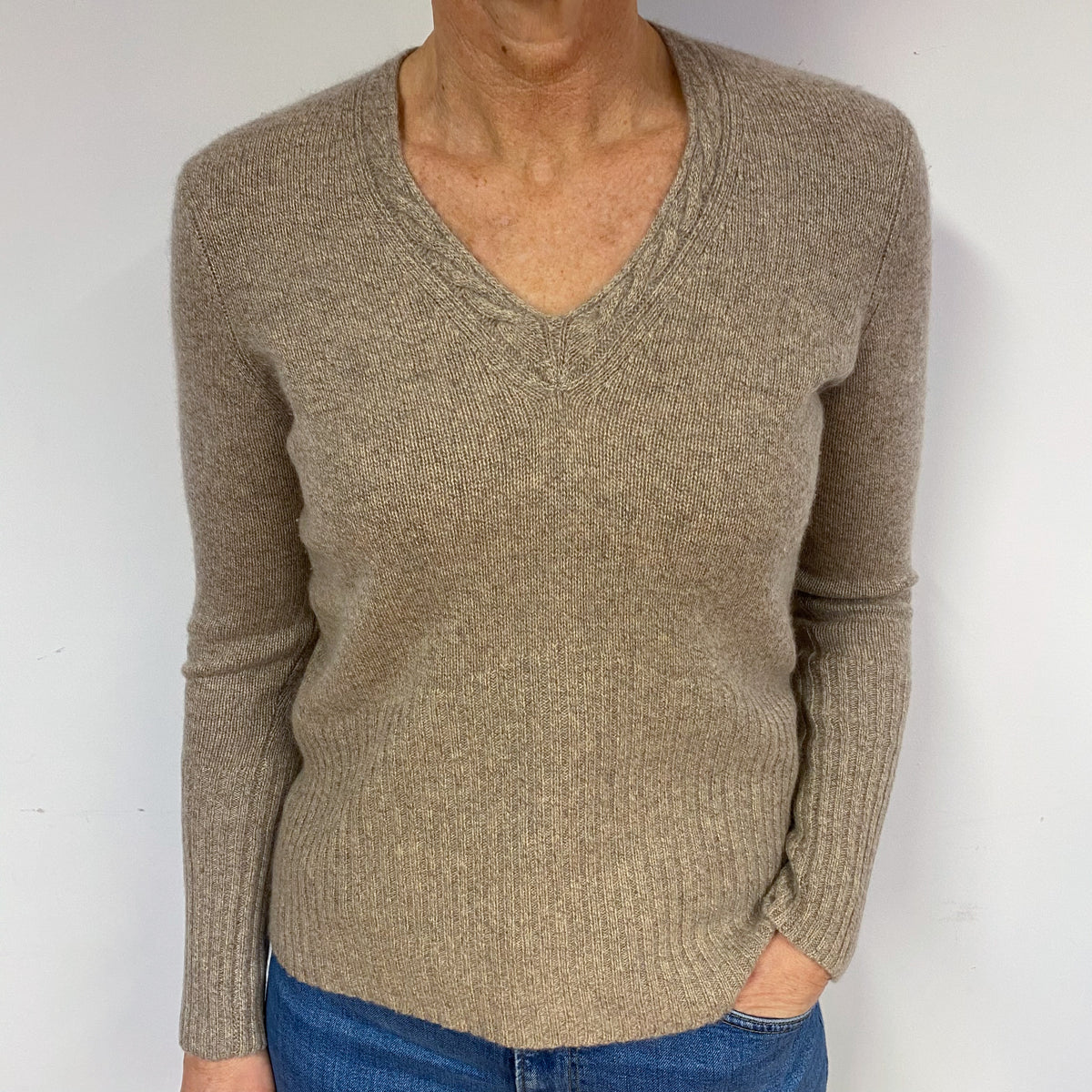 Taupe Brown Cashmere V-Neck Jumper Medium