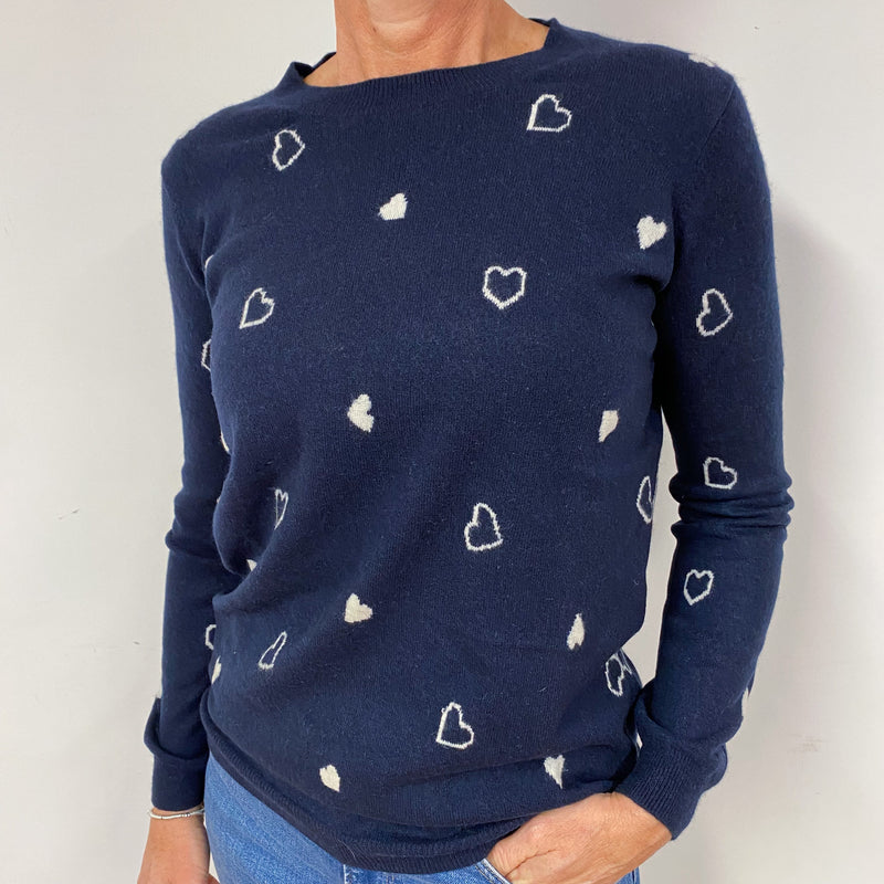 Navy and Ivory Heart Cashmere Crew Neck Jumper Medium