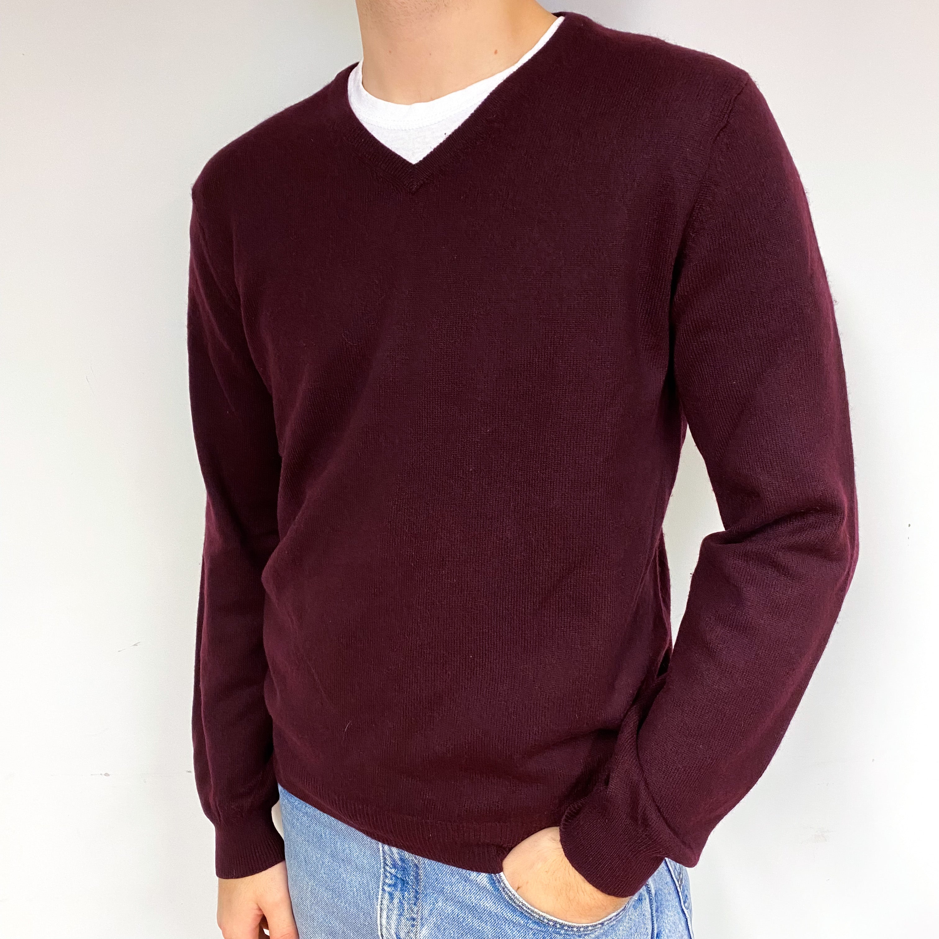 Men's Mulberry Purple Cashmere V-Neck Jumper Large
