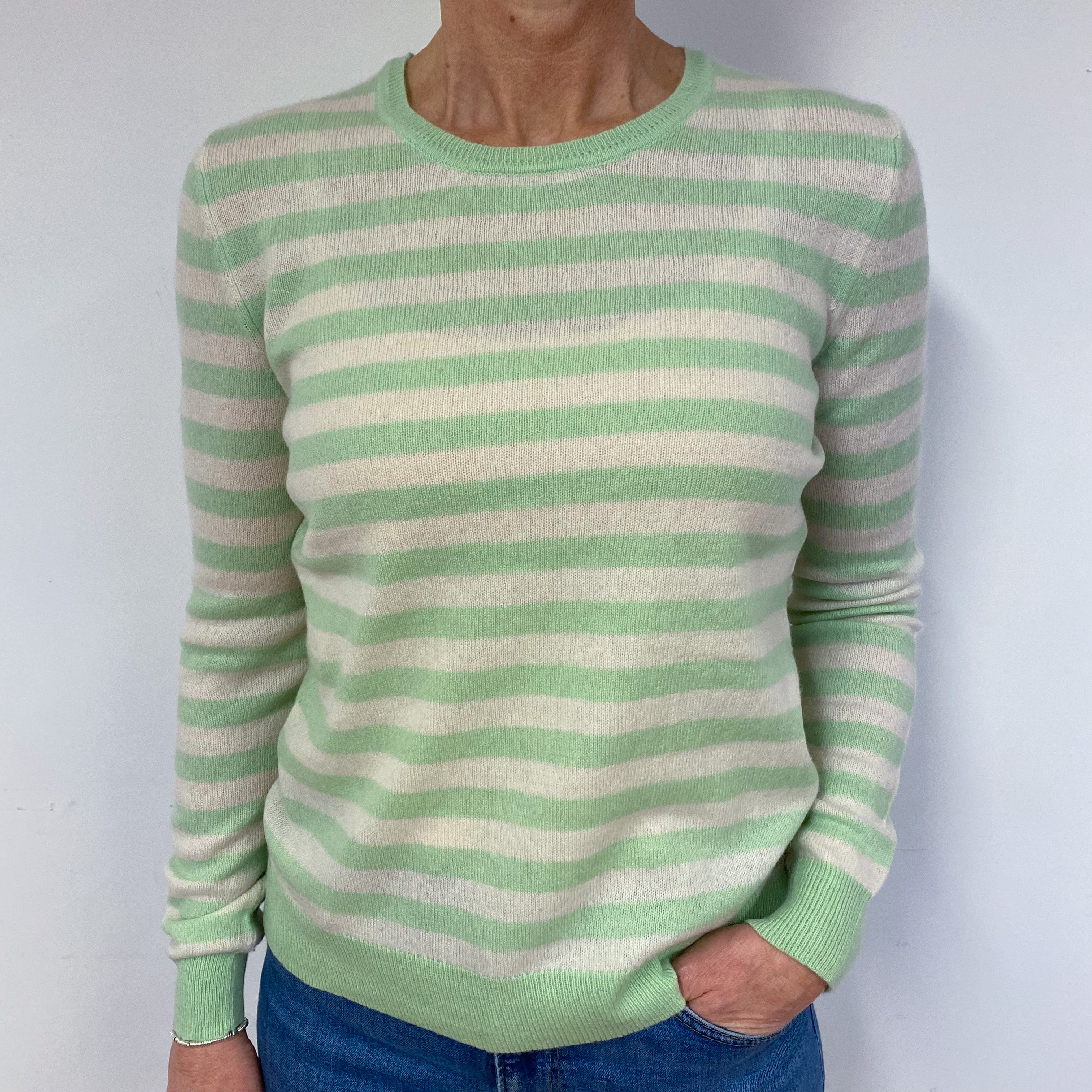 Green and Cream Stripe Cashmere Crew Neck Jumper Medium