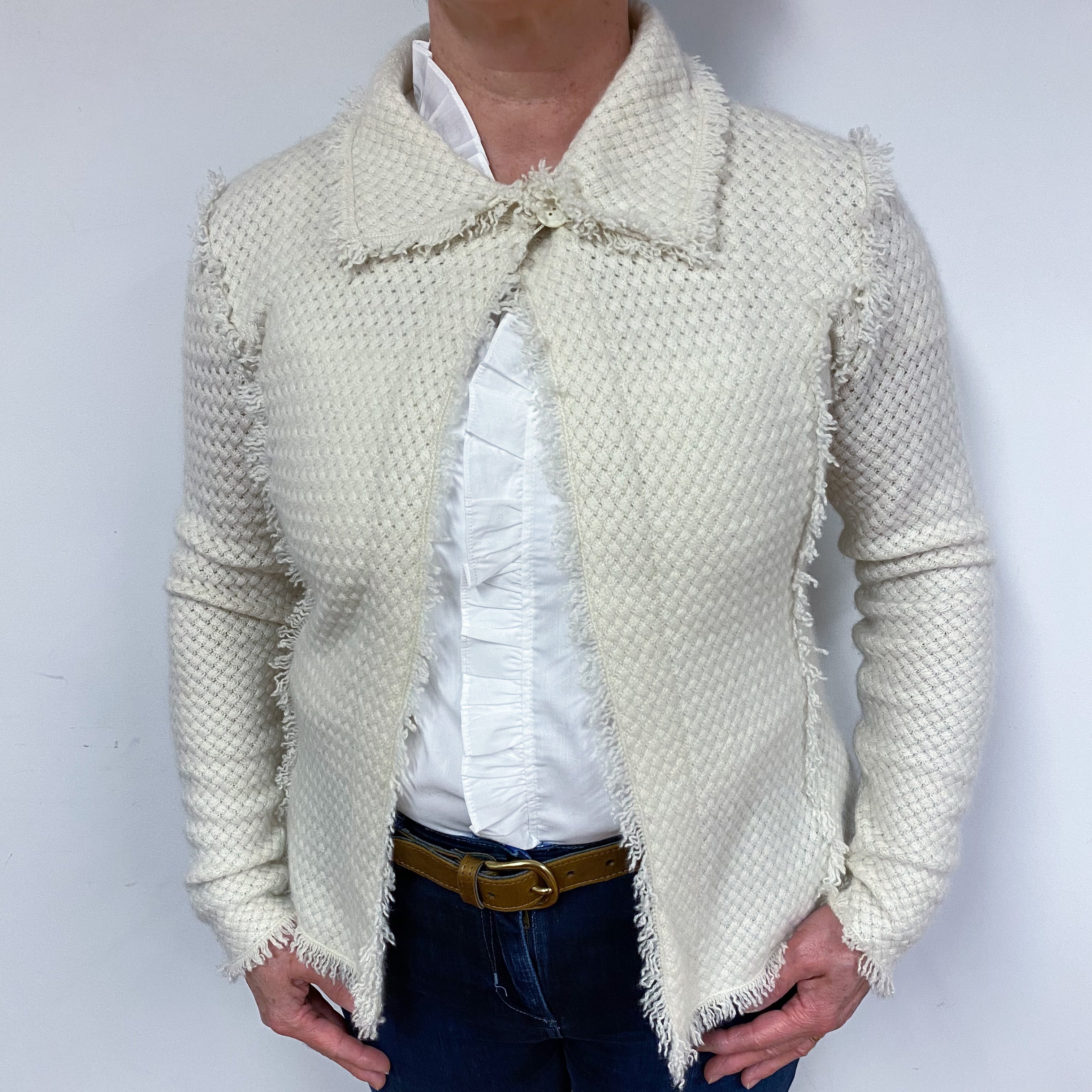 Cream Basket Weave Knit Cashmere Jacket Large