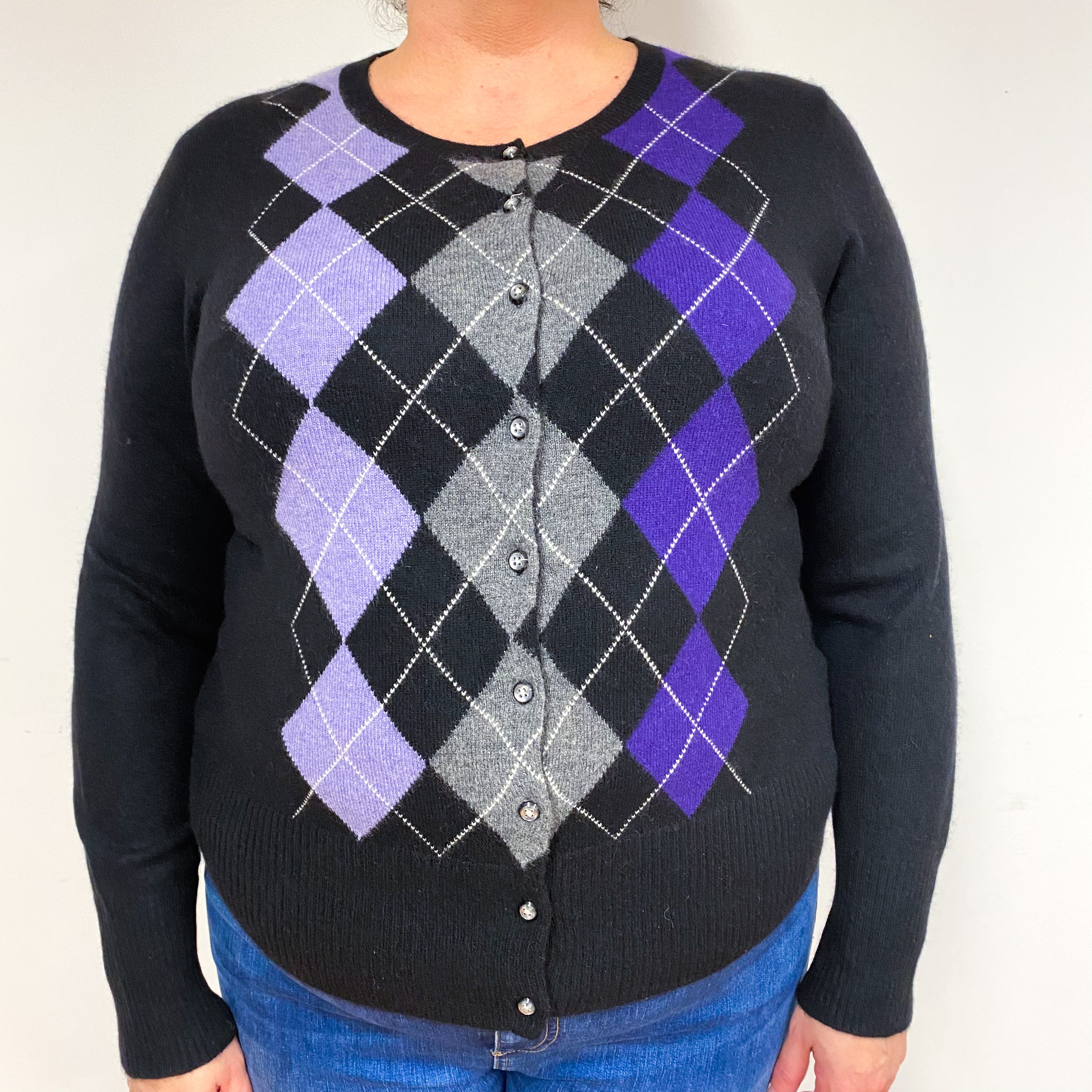 Black Purple Argyle Cashmere Crew Neck Cardigan Extra Large