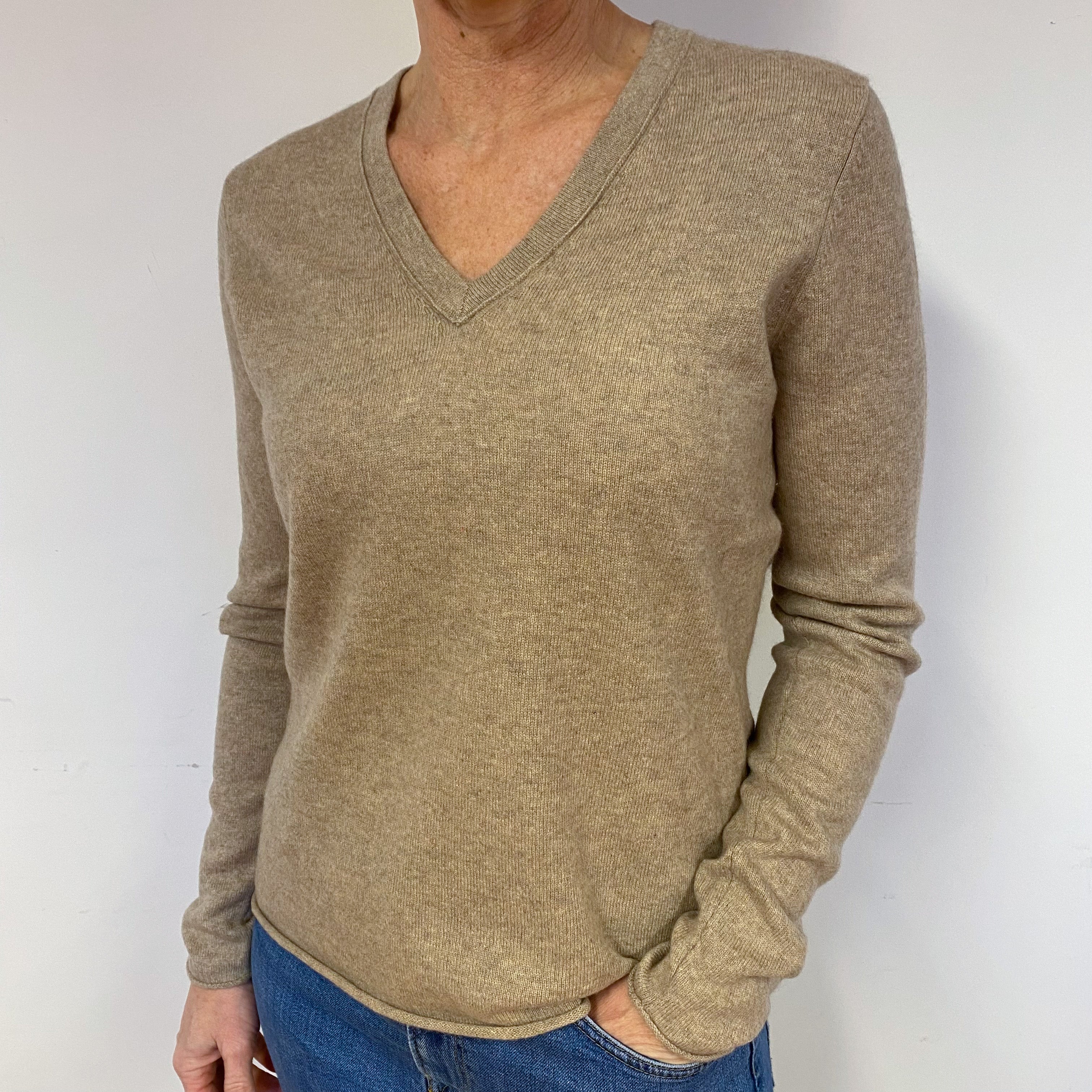 Fawn Beige Cashmere V-Neck Jumper Medium