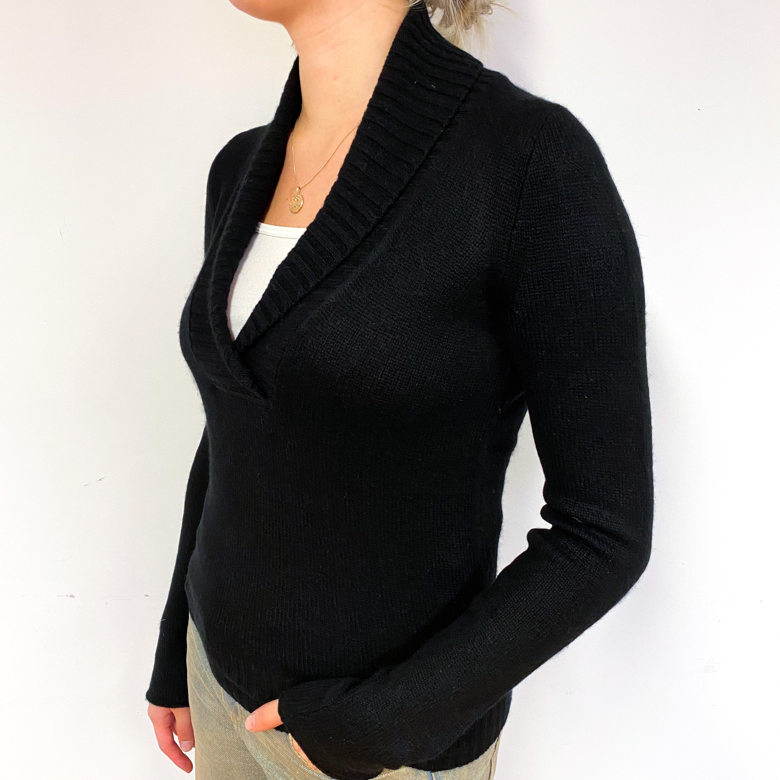 Black Shawl Collar Cashmere V-Neck Jumper Small