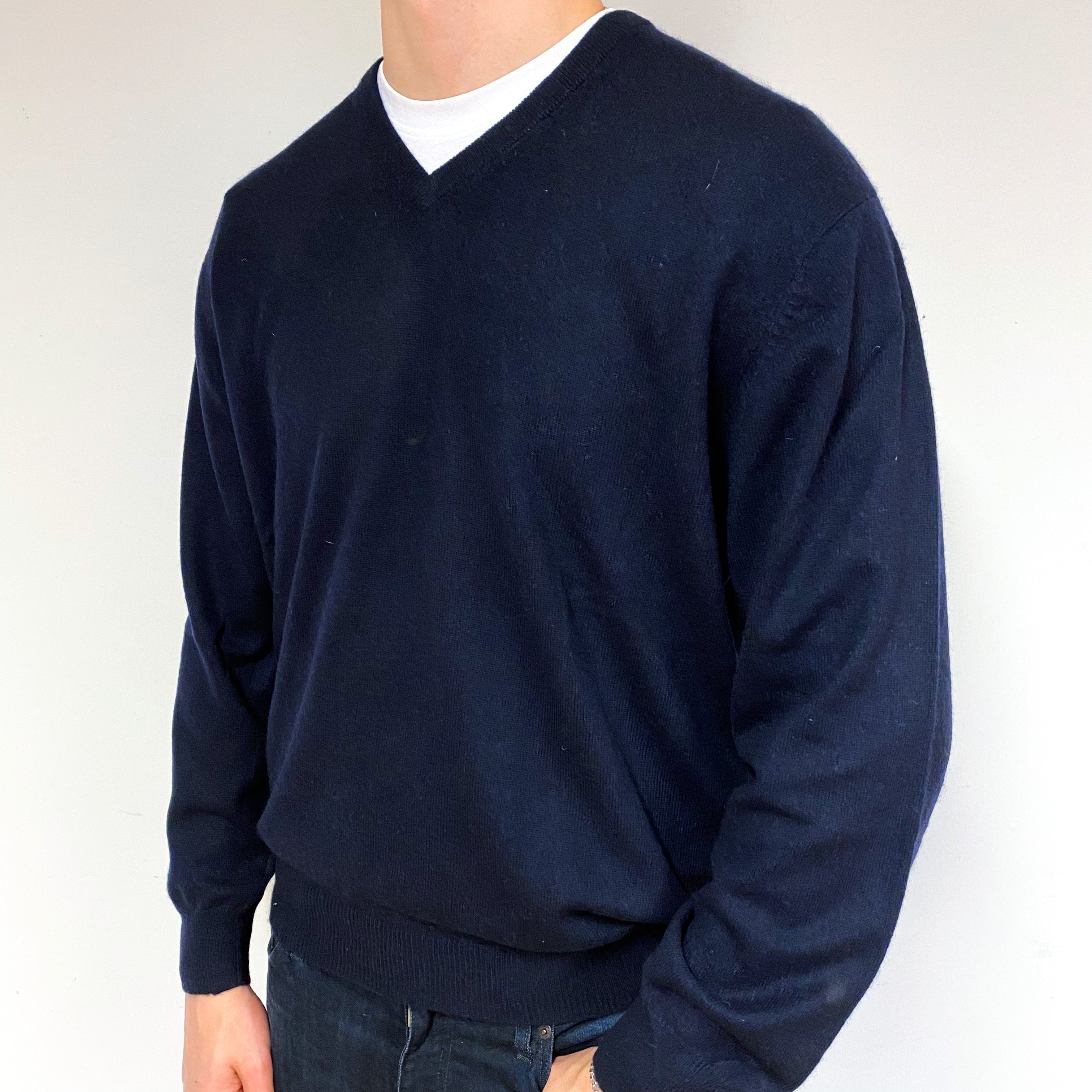 Men's Navy Blue Cashmere V-Neck Jumper Extra Large