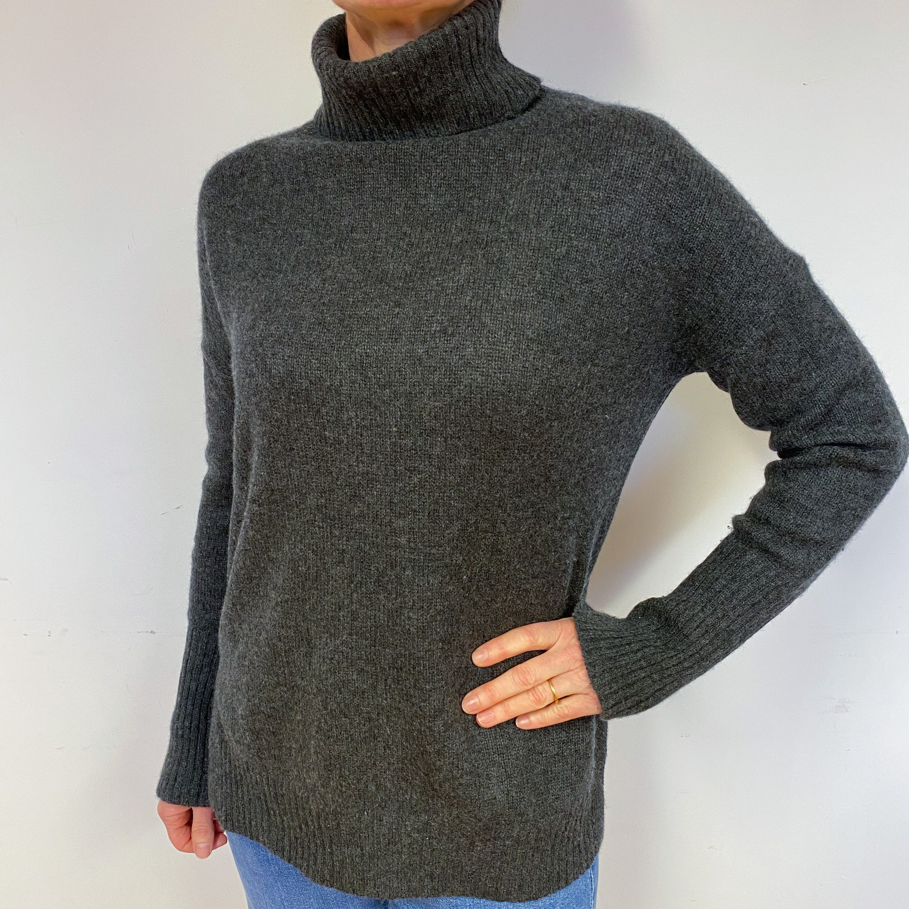 Slates Grey Chunky Cashmere Polo Neck Jumper Medium