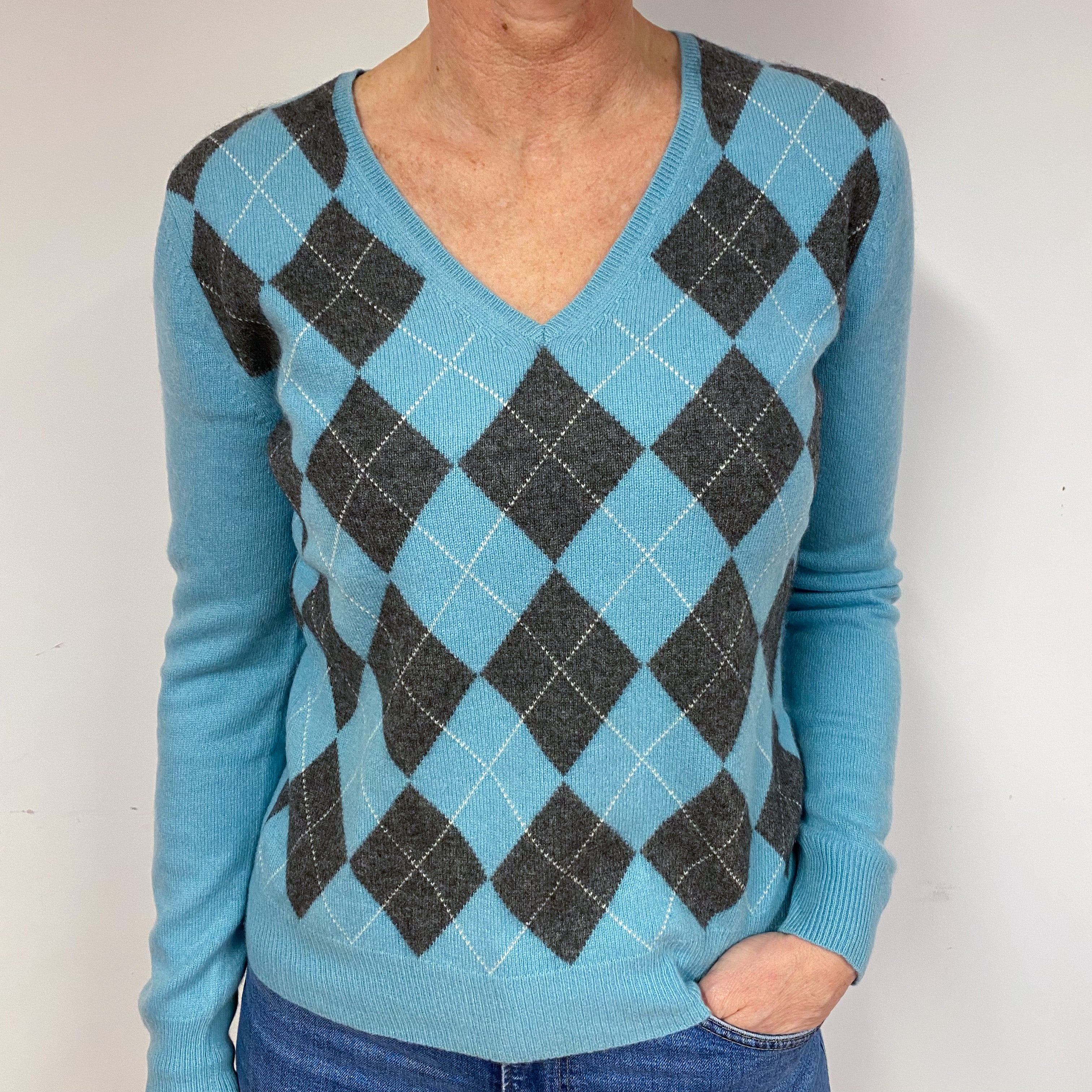 Aqua Blue Argyle Cashmere V-Neck Jumper Medium