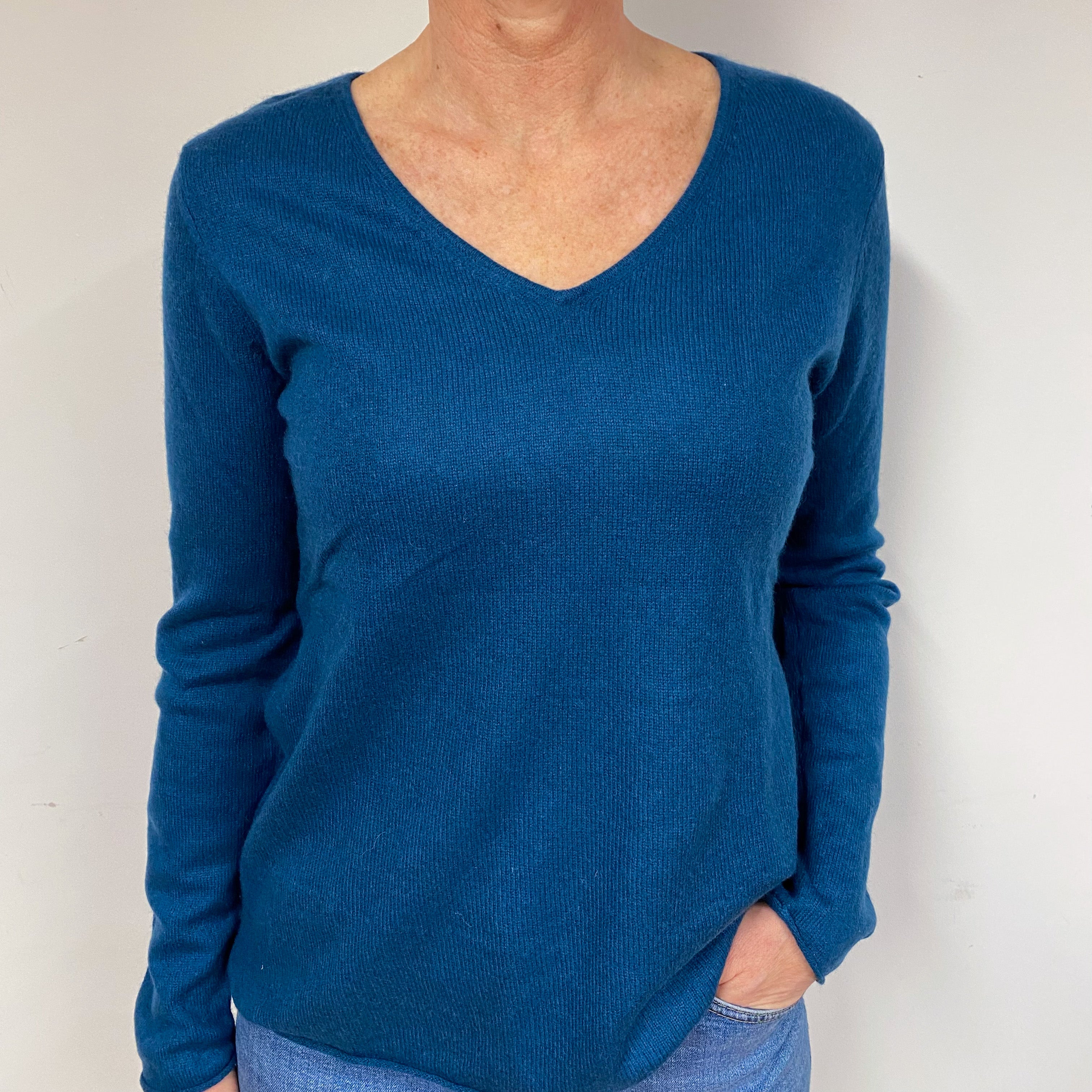 Petrol Blue Cashmere V-Neck Jumper Medium