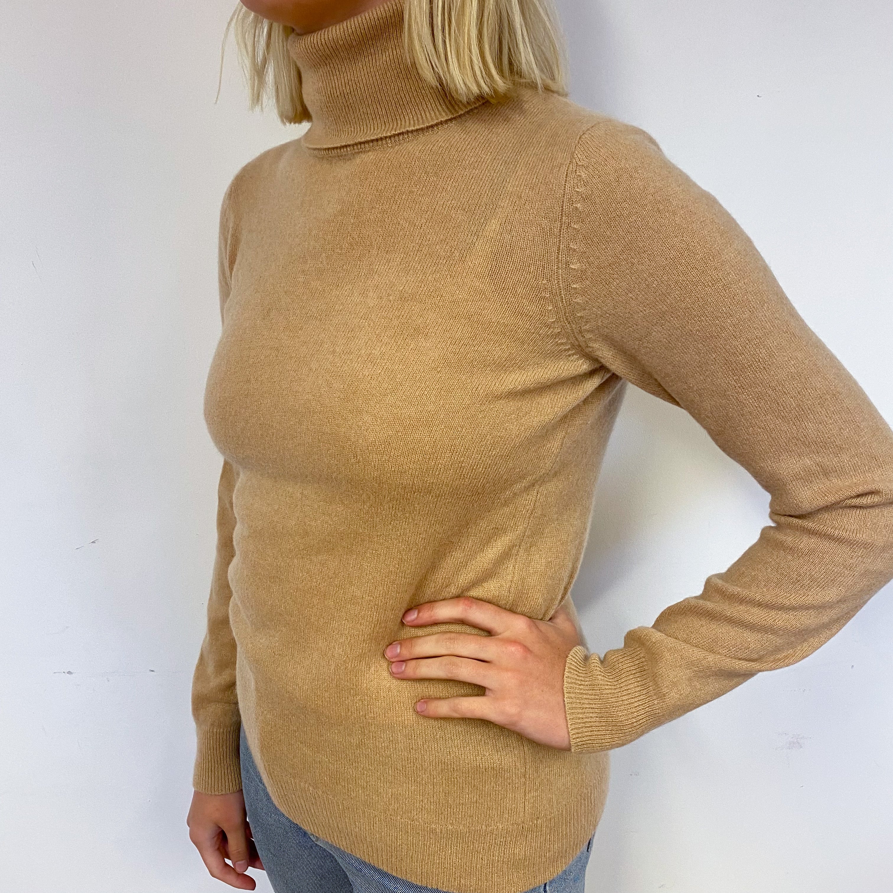 Caramel Brown Cashmere Polo Neck Jumper Small