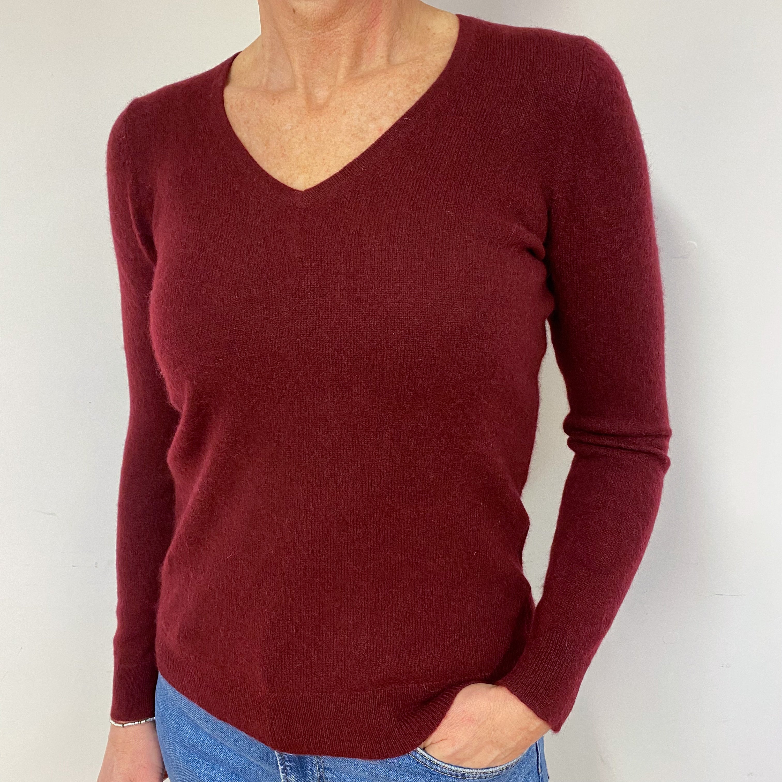 Burgundy Red Cashmere V-Neck Jumper Medium