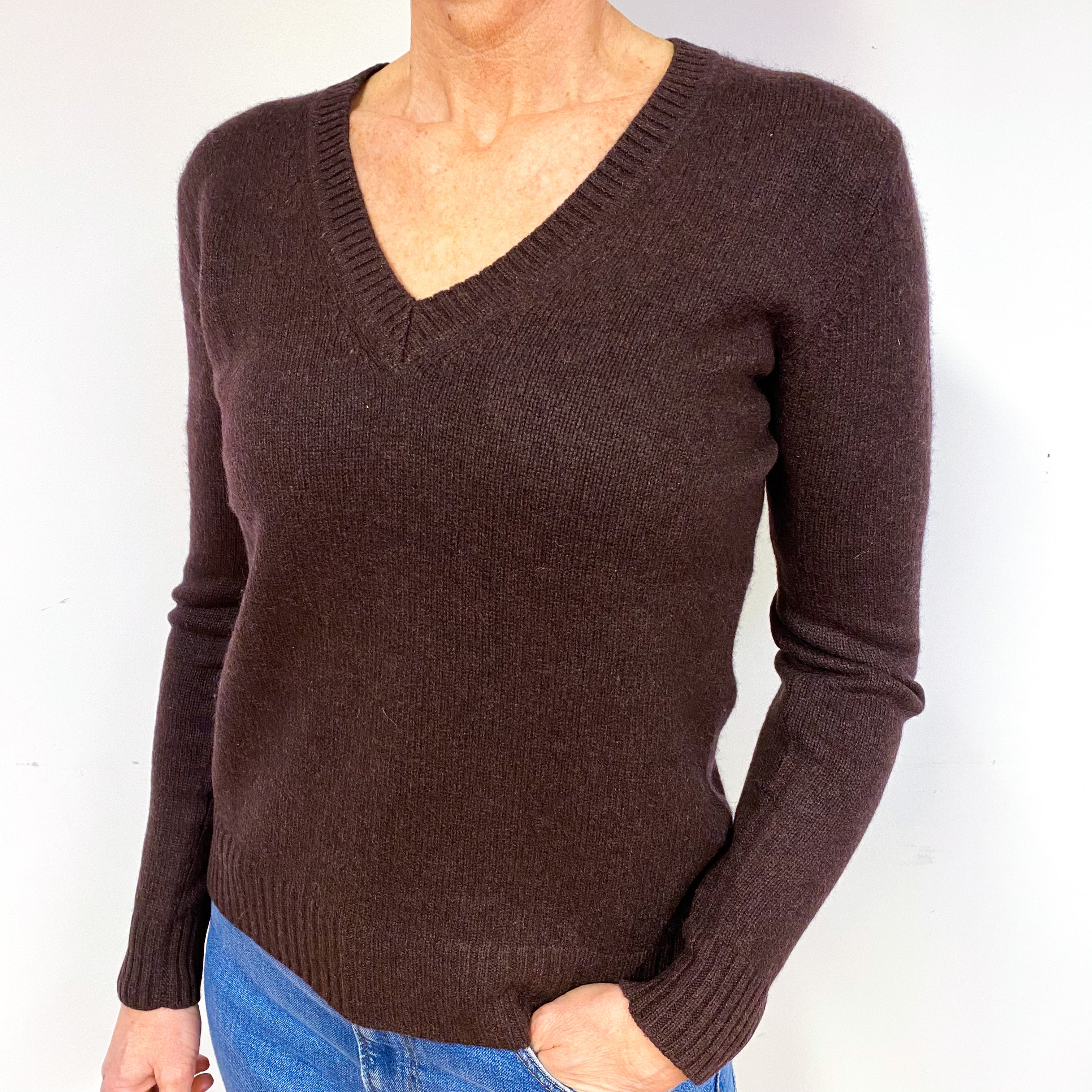 Chocolate Brown Cashmere V-Neck Jumper Medium