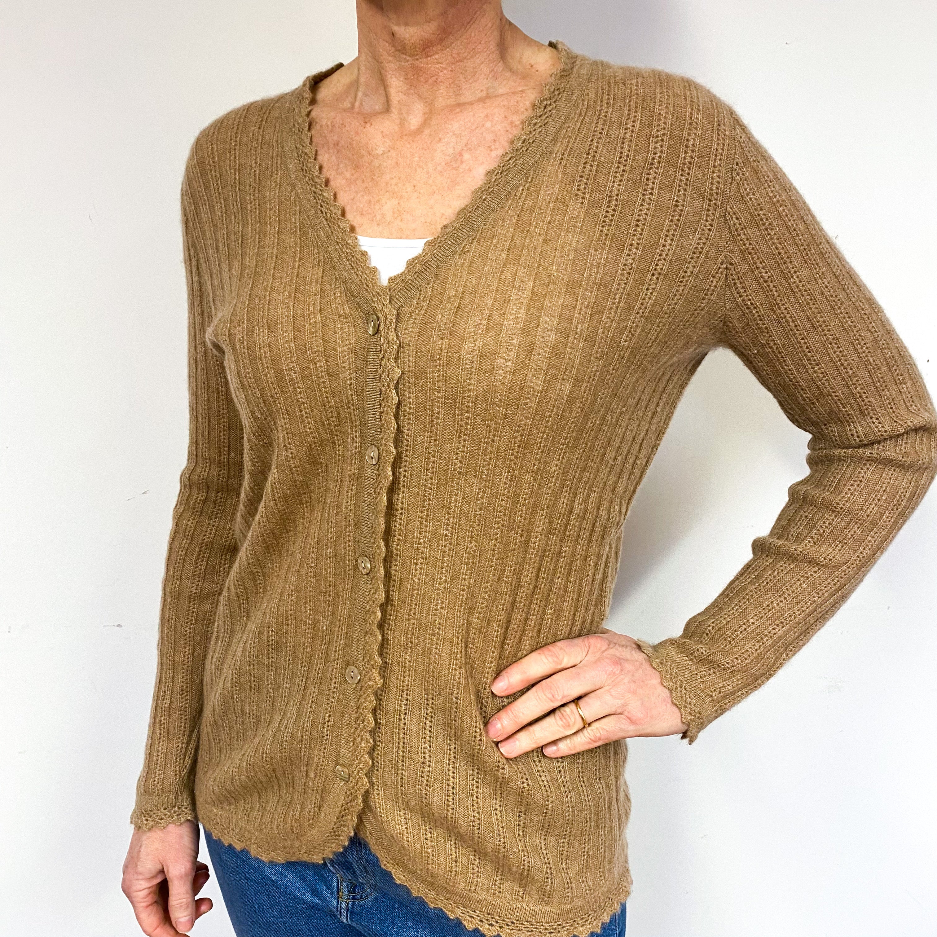Caramel Brown V-Neck Cashmere Cardigan Medium