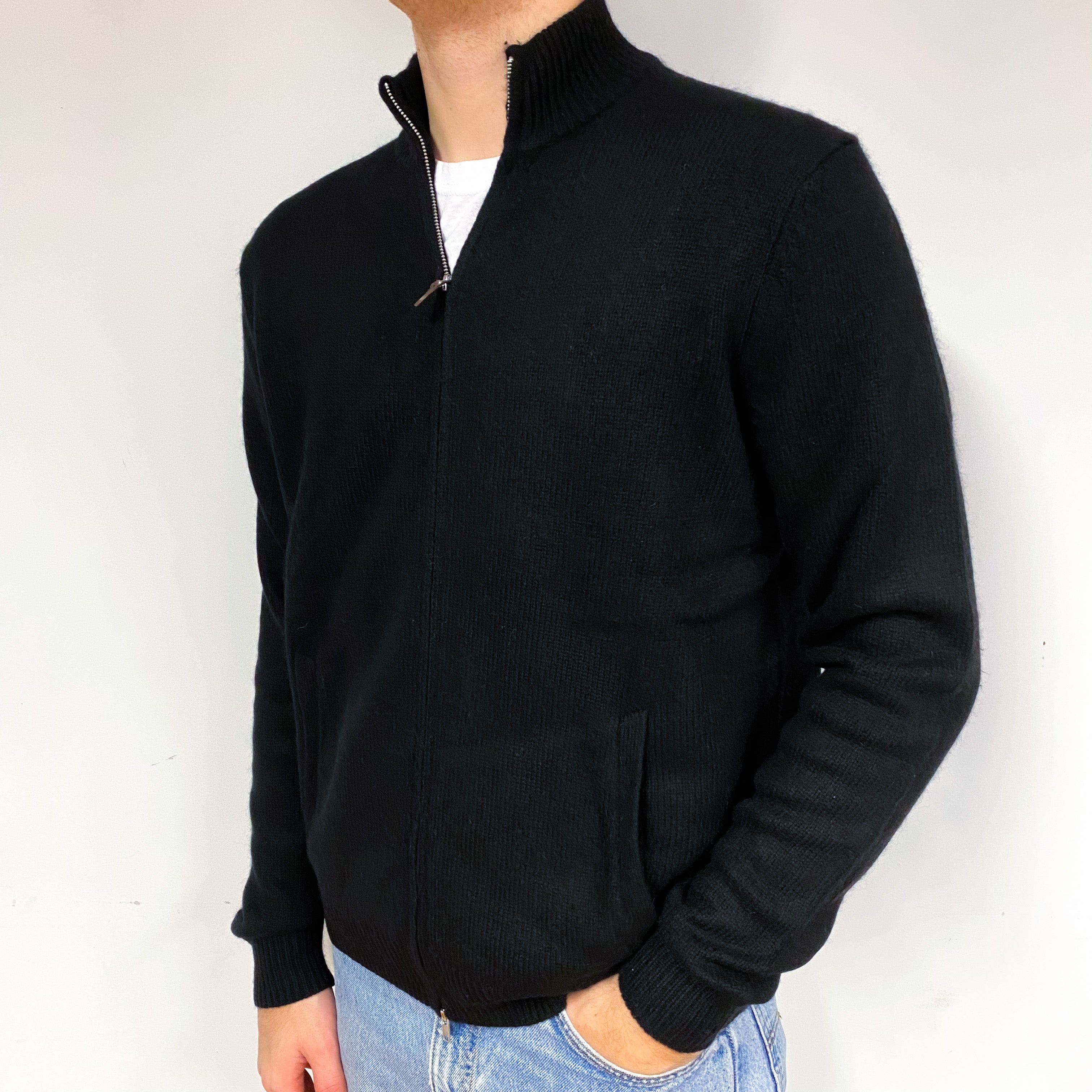 Men's Black Cashmere Zip Turtle Neck Cardigan Large