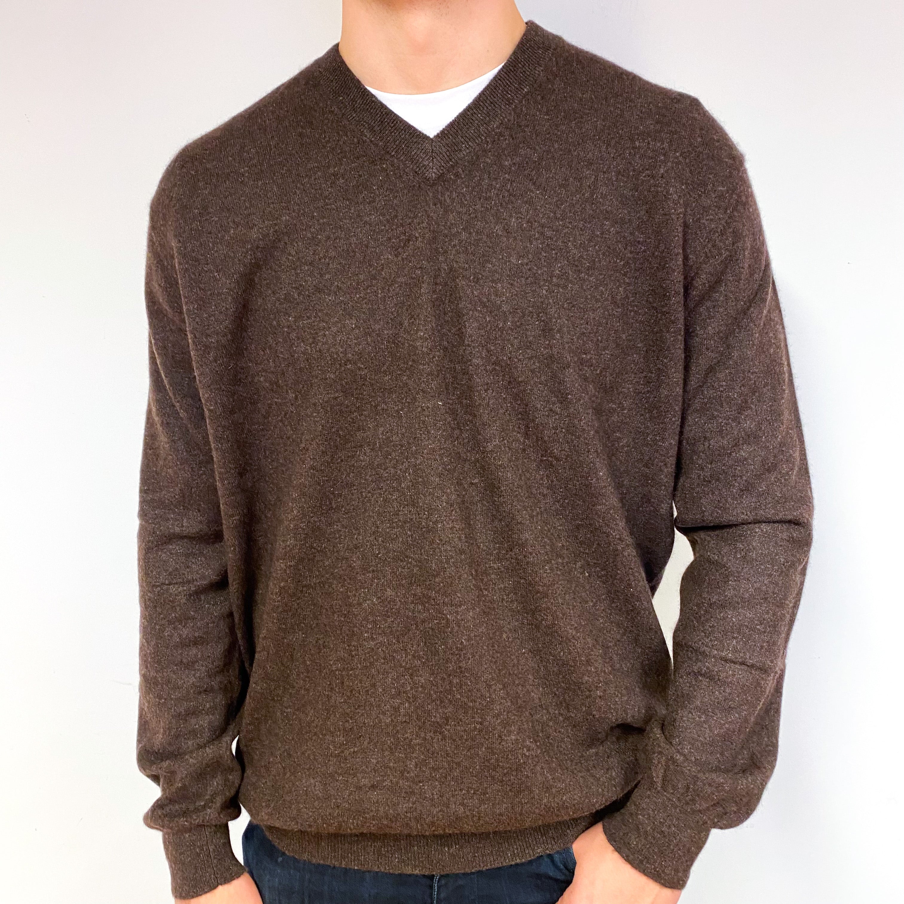 Men's Mole Brown Cashmere V-Neck Jumper Extra Extra Large