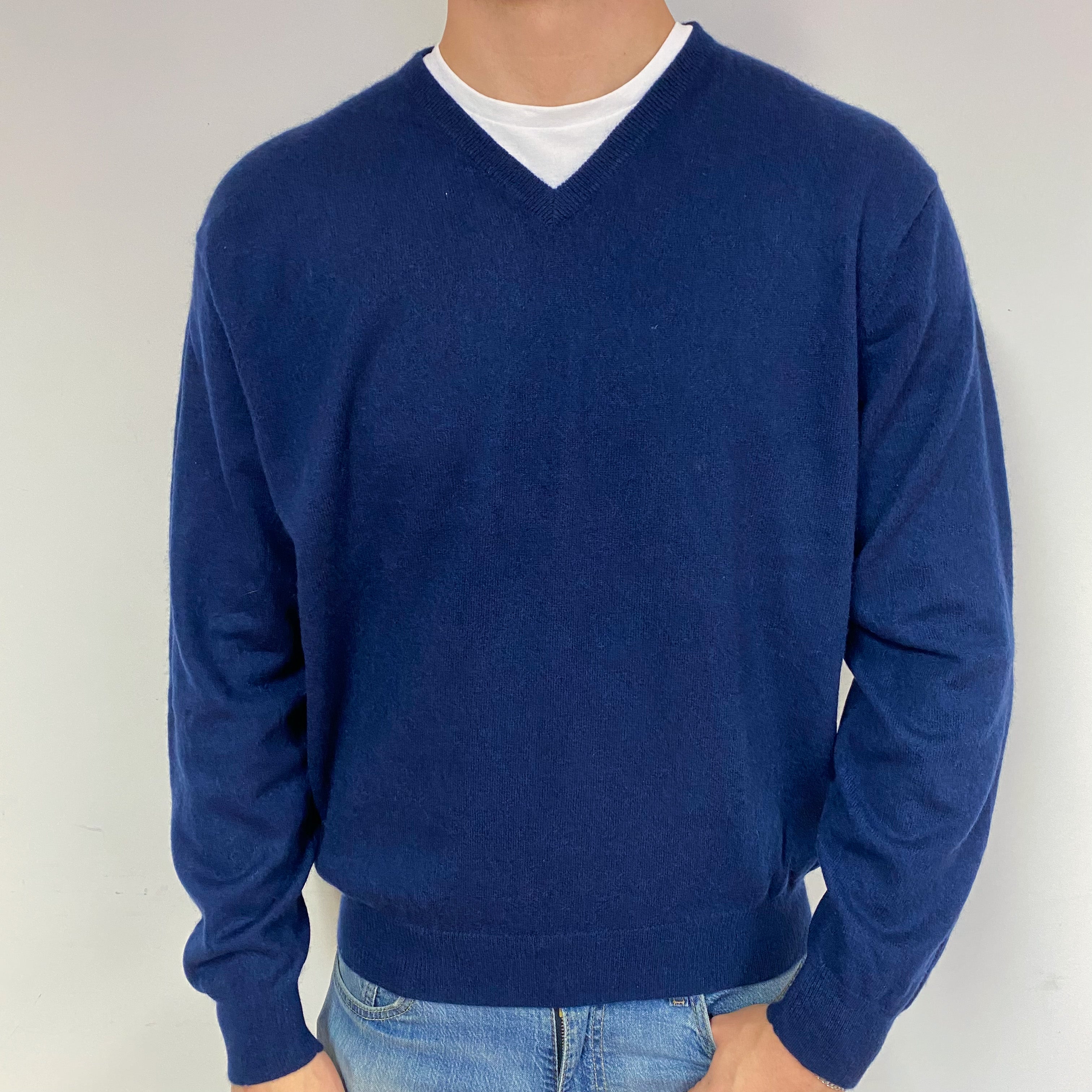 Men's Navy Blue Cashmere V-Neck Jumper XXL