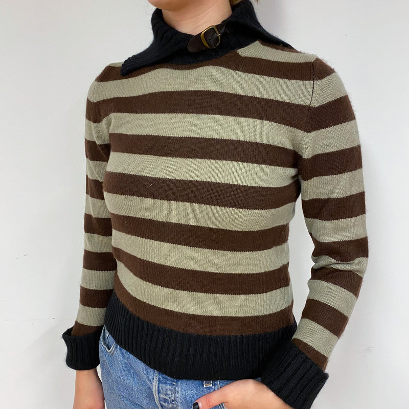 Italian Chunky Brown and Green Striped Cashmere Polo Neck Jumper Small