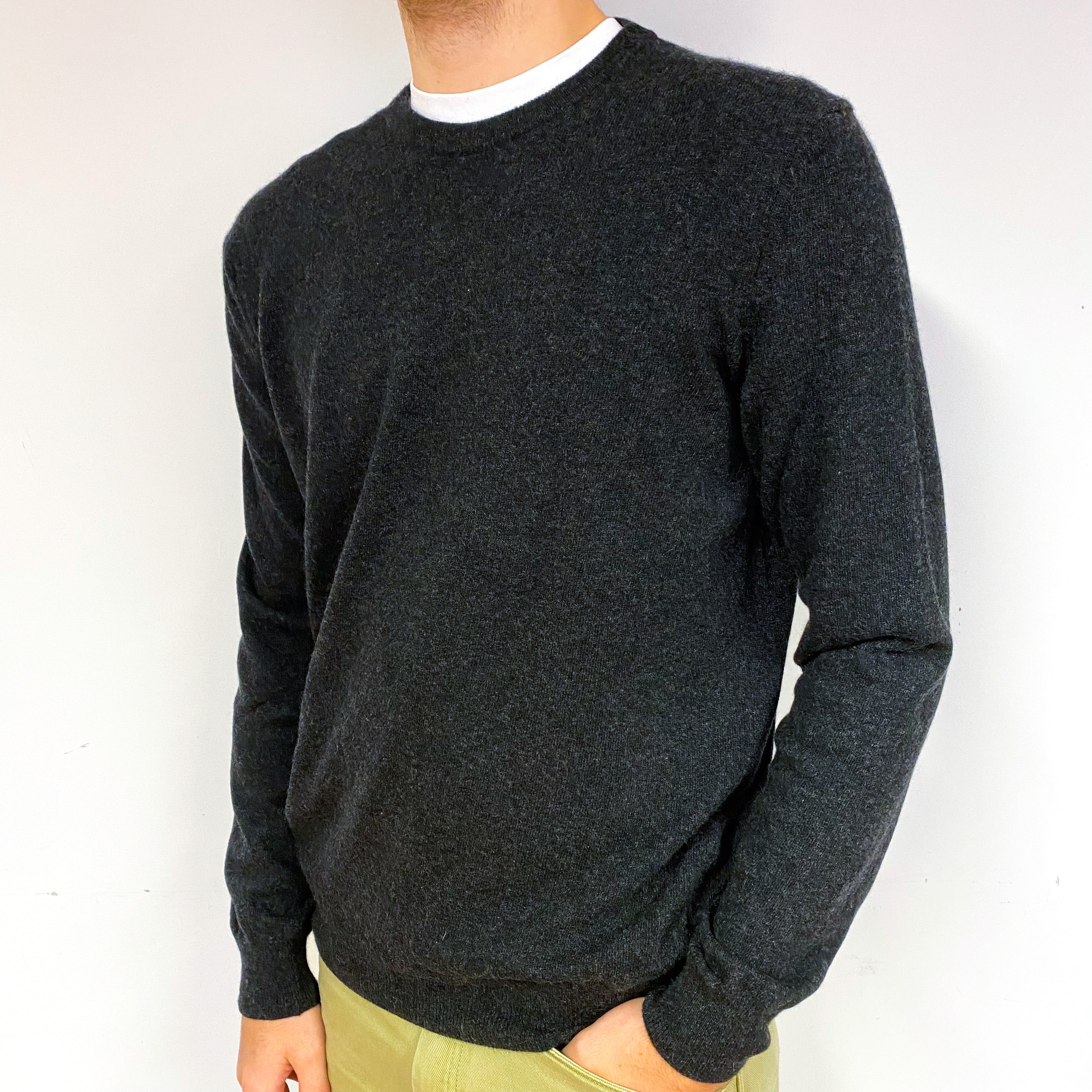 Men's Charcoal Grey Cashmere Crew Neck Jumper Large