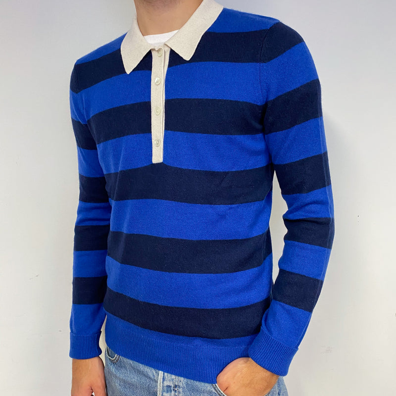Men's Navy and Blue Striped Cashmere 1/4 Buttoned Jumper