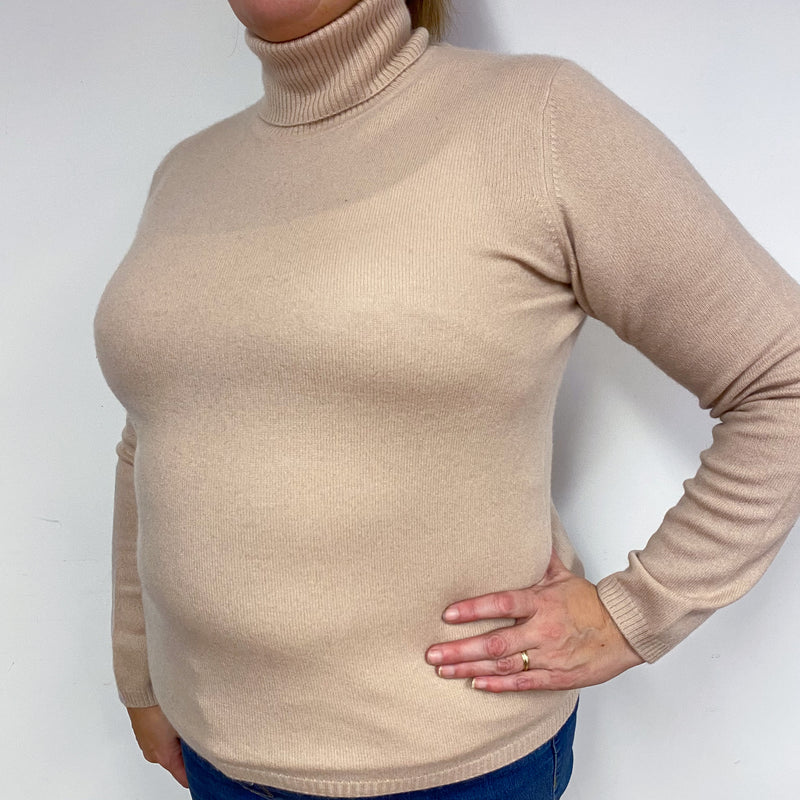 Buff Beige Cashmere Polo Neck Jumper Extra Large