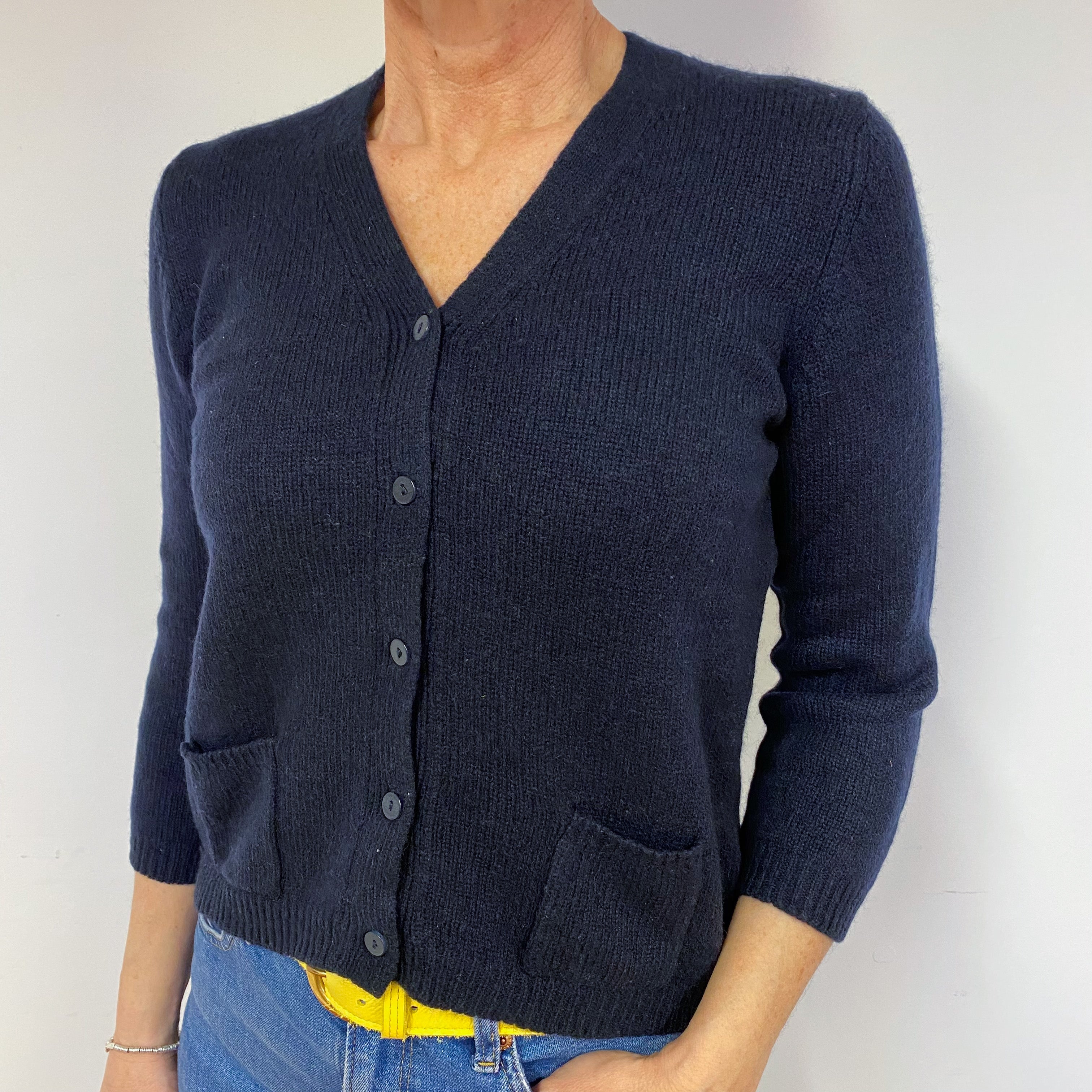 Navy 3/4 Sleeve Cashmere V-Neck Cardigan Medium