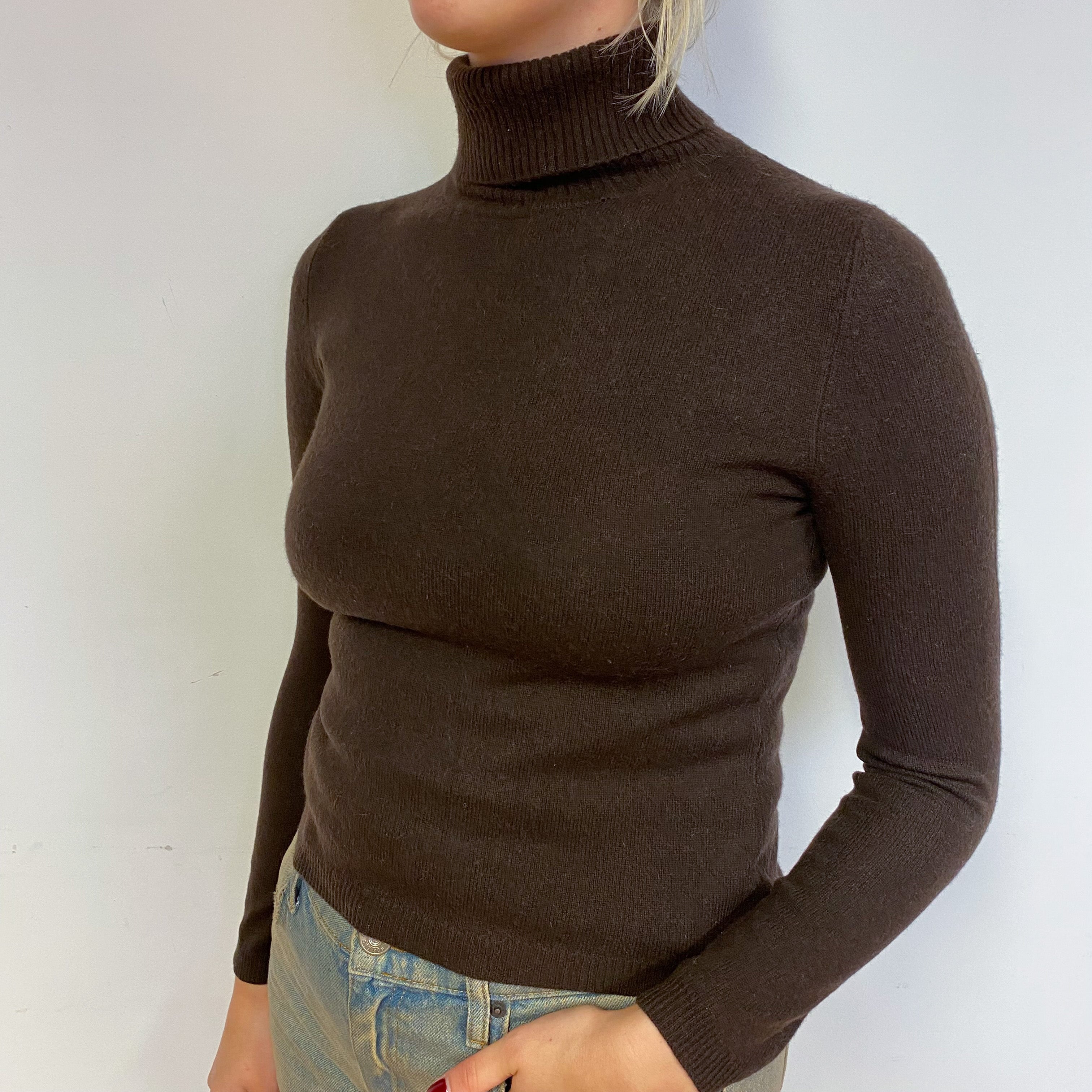 Chocolate Brown Cashmere Polo Neck Jumper Small