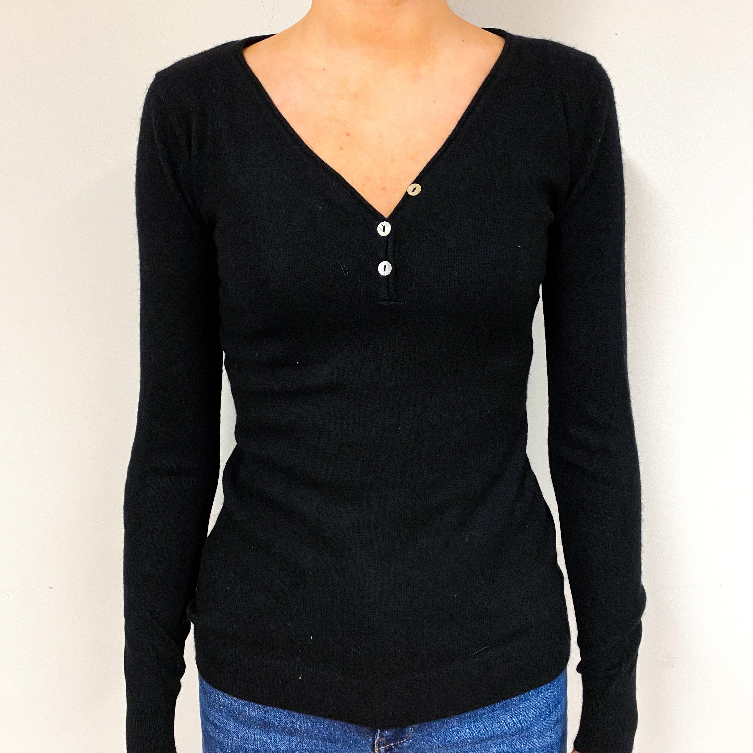 Black Cashmere Buttoned V-Neck Jumper Extra Small