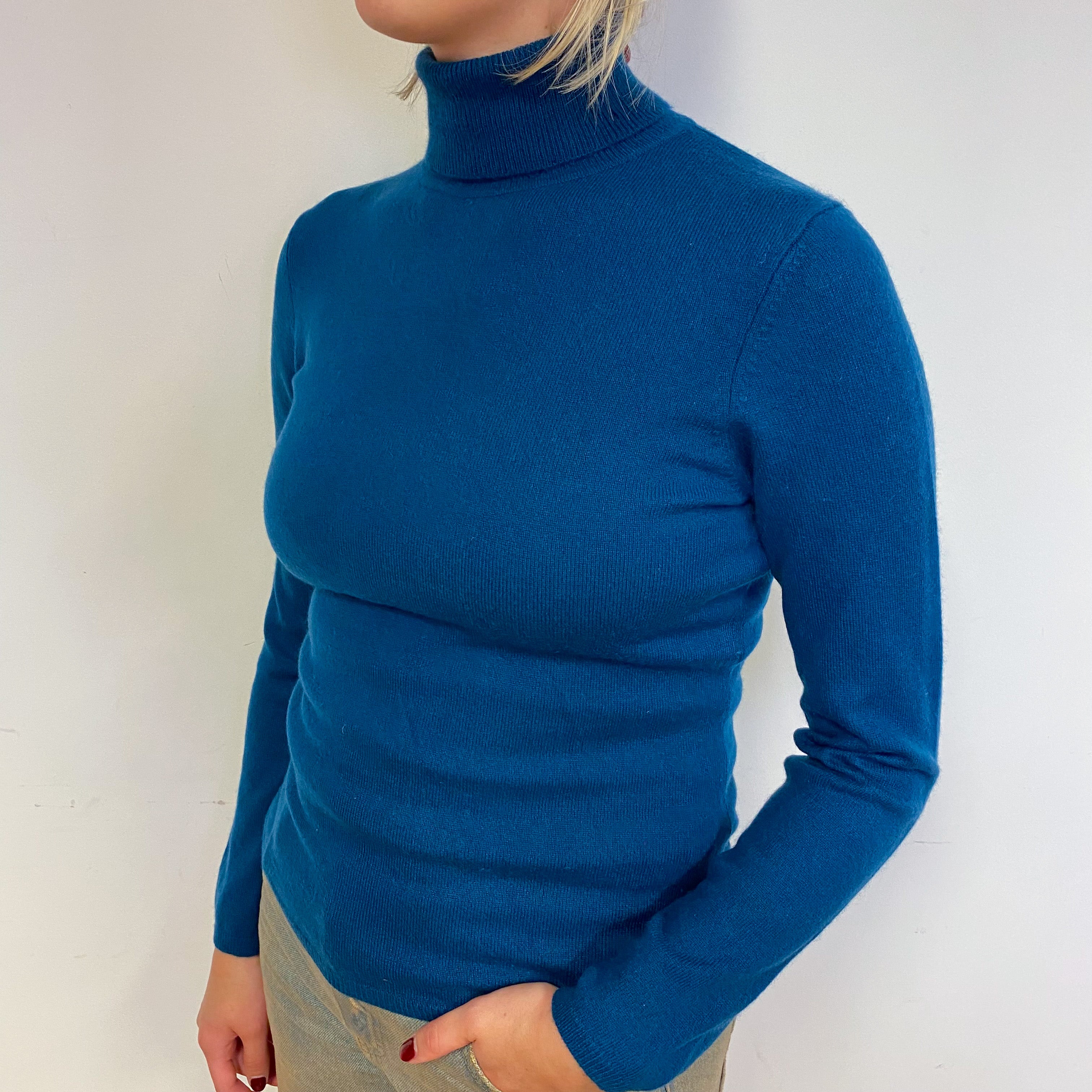 Peacock Blue Cashmere Polo Neck Jumper Small