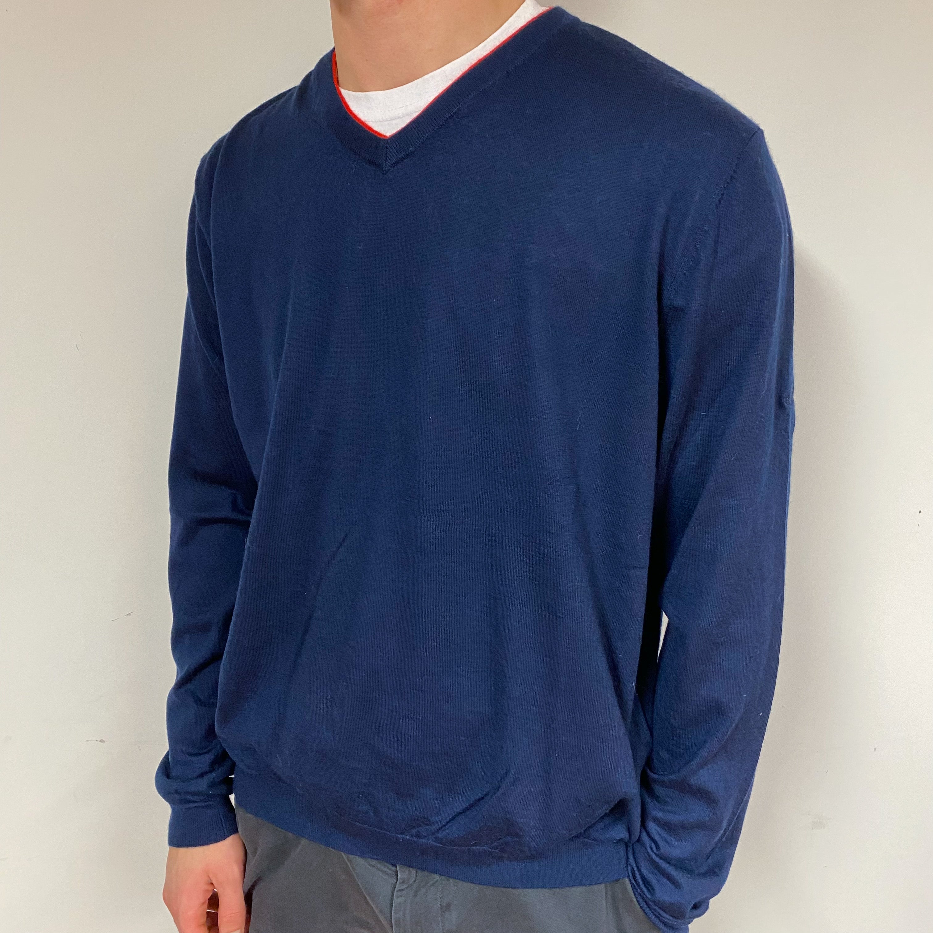Men's Navy Blue Cashmere V-Neck Jumper Large