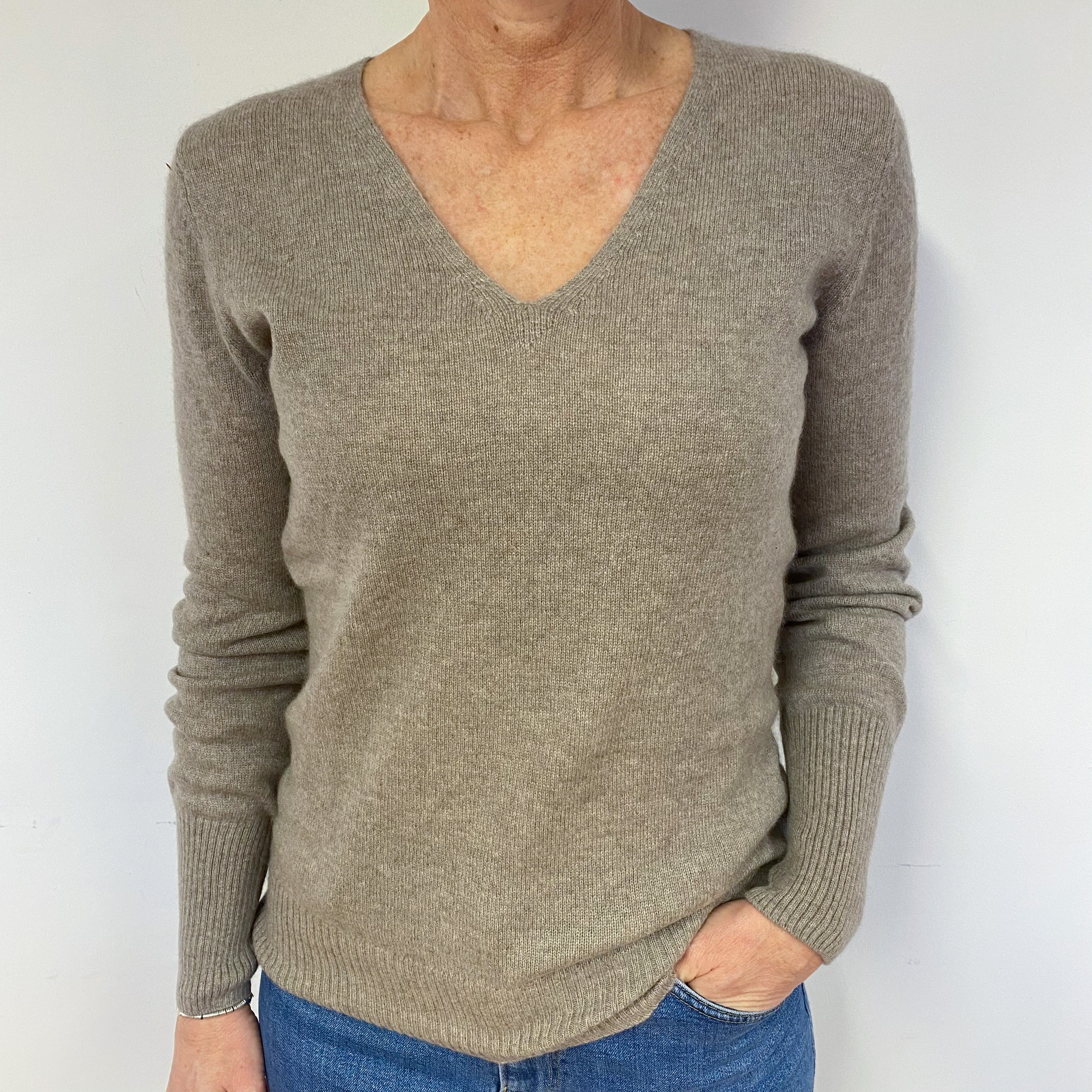 Mink Brown Cashmere V-Neck Jumper Medium