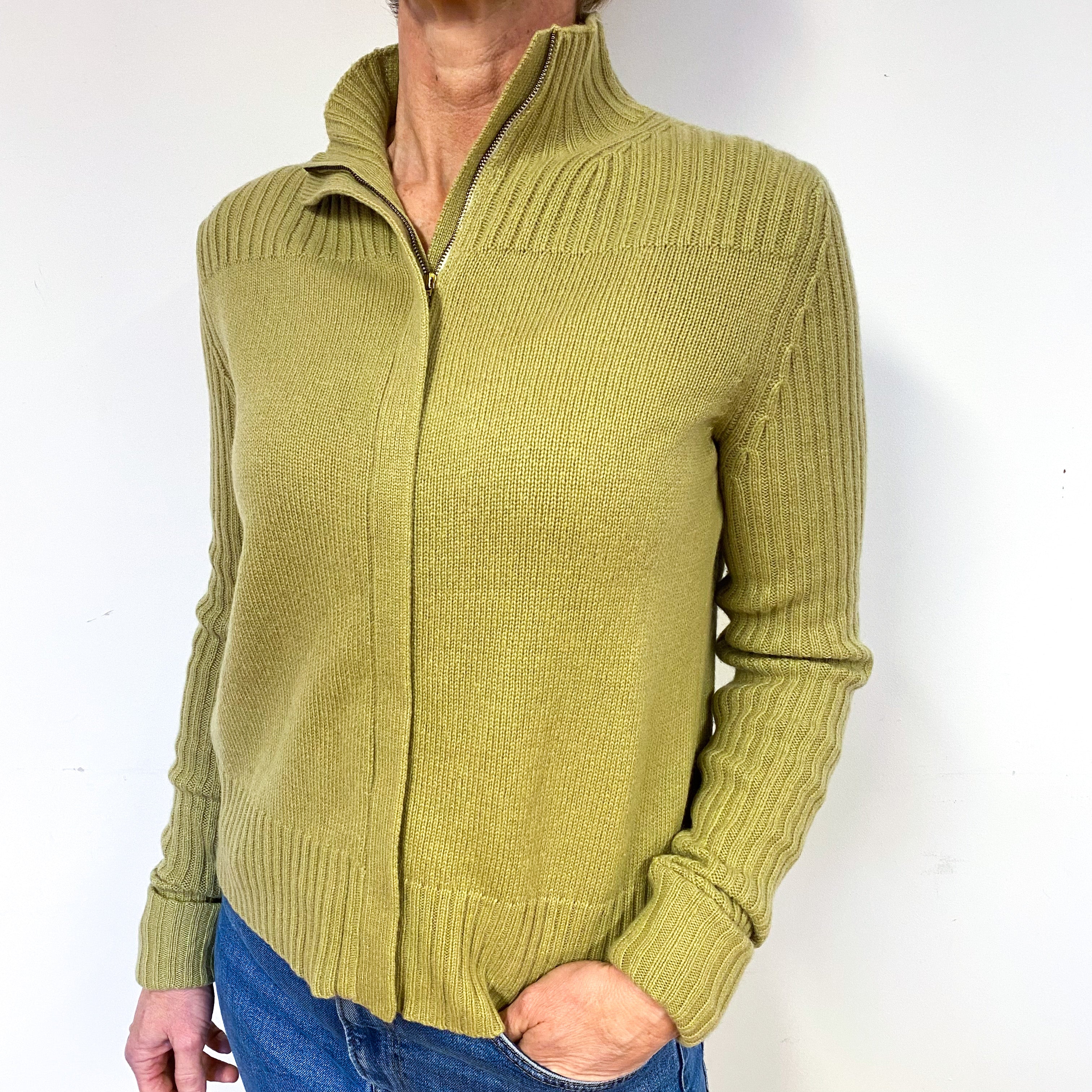 Olive Green Cashmere Zip Front Cardigan Medium