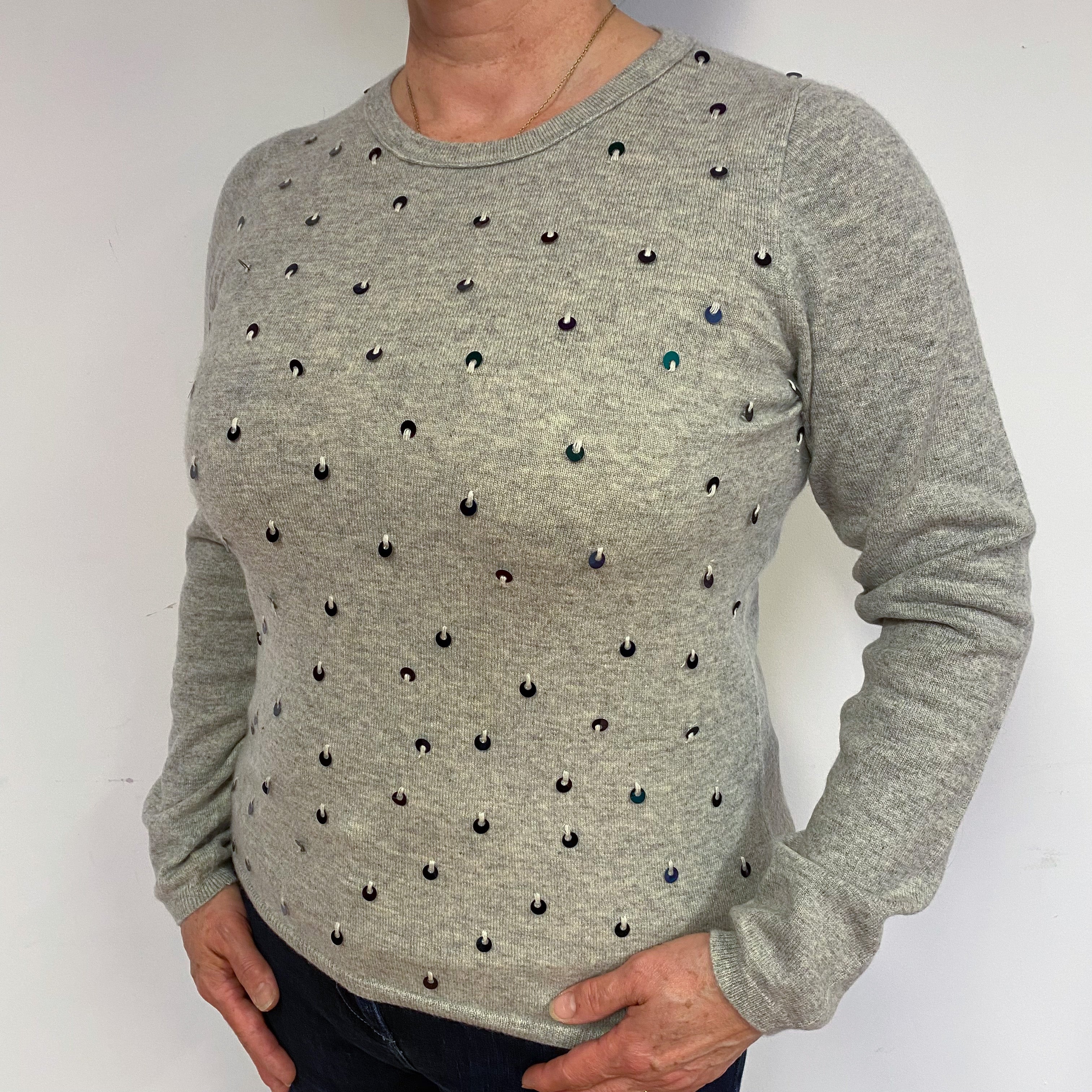 Smoke Grey Sequin Cashmere Crew Neck Jumper Large