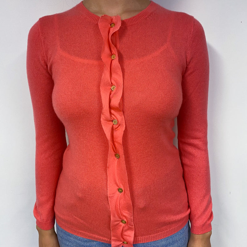 Deep Coral Pink Cashmere Crew Neck Cardigan Small
