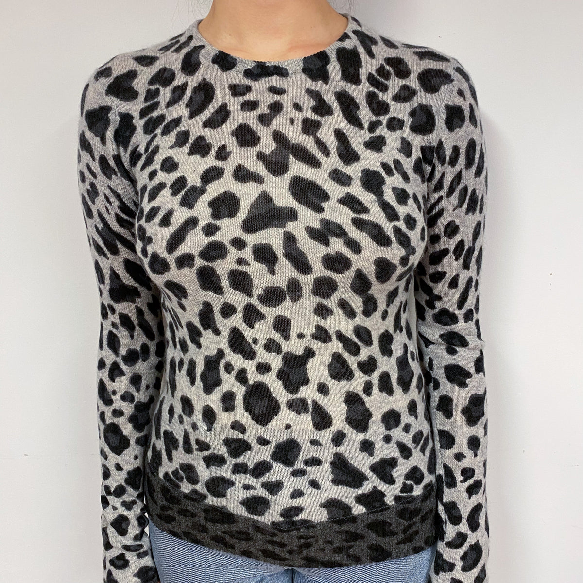 Grey Animal Print Cashmere Crew Neck Jumper Small