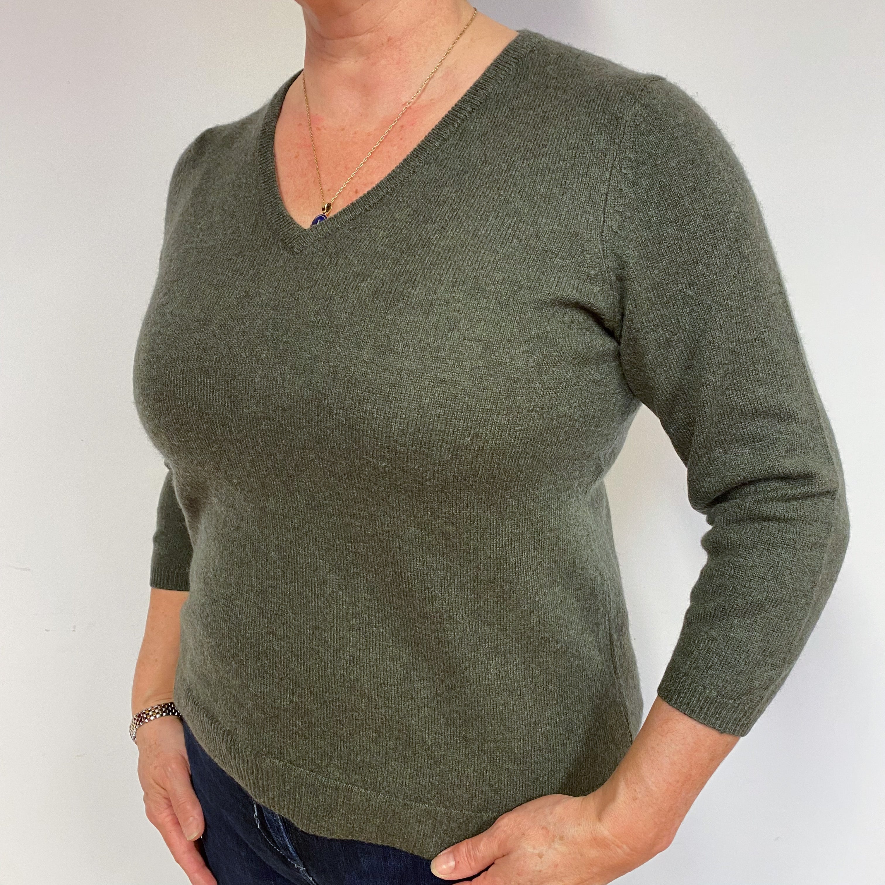 Khaki Green 3/4 Sleeve Cashmere V-Neck Jumper Large