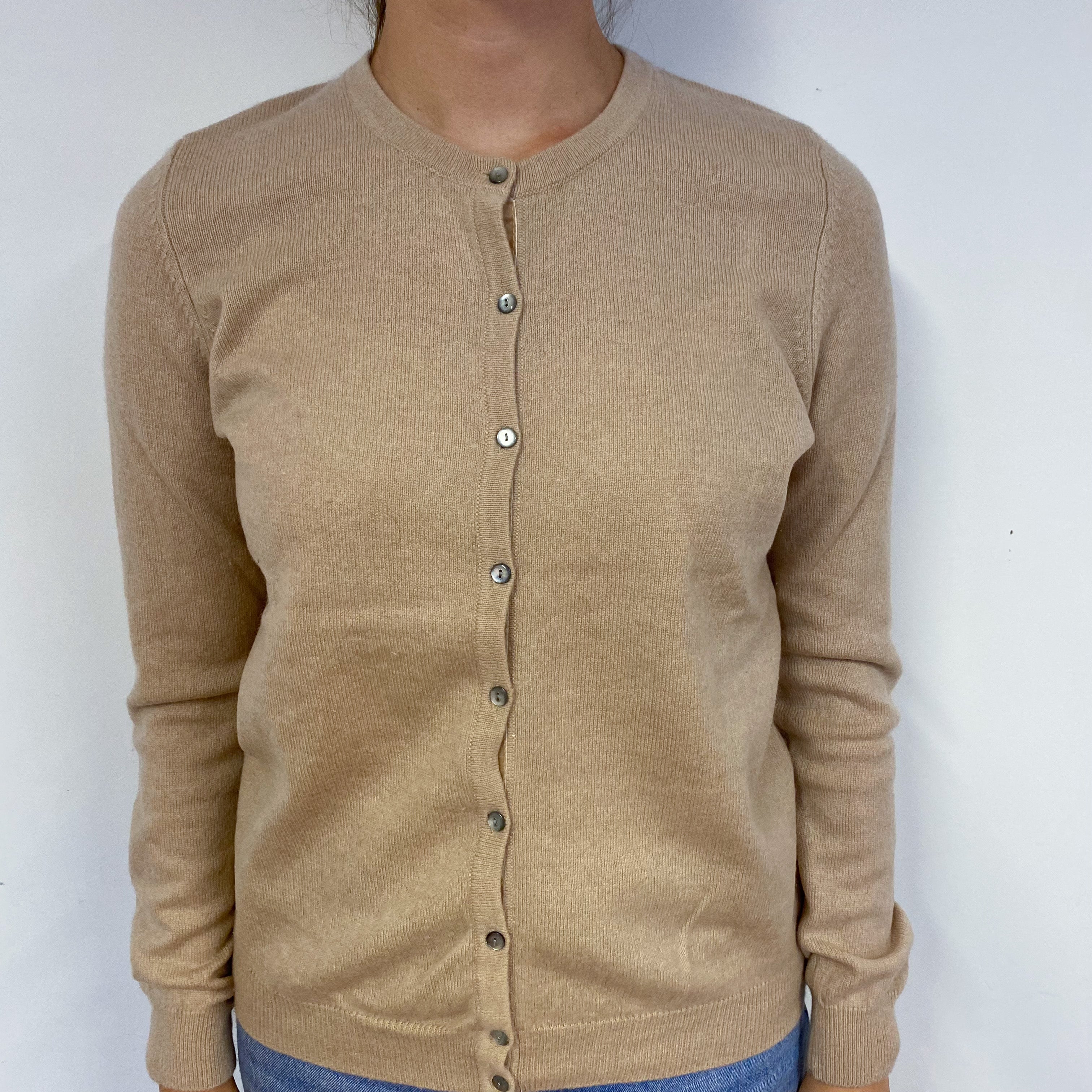 Buff Beige Crew Neck Cashmere Cardigan