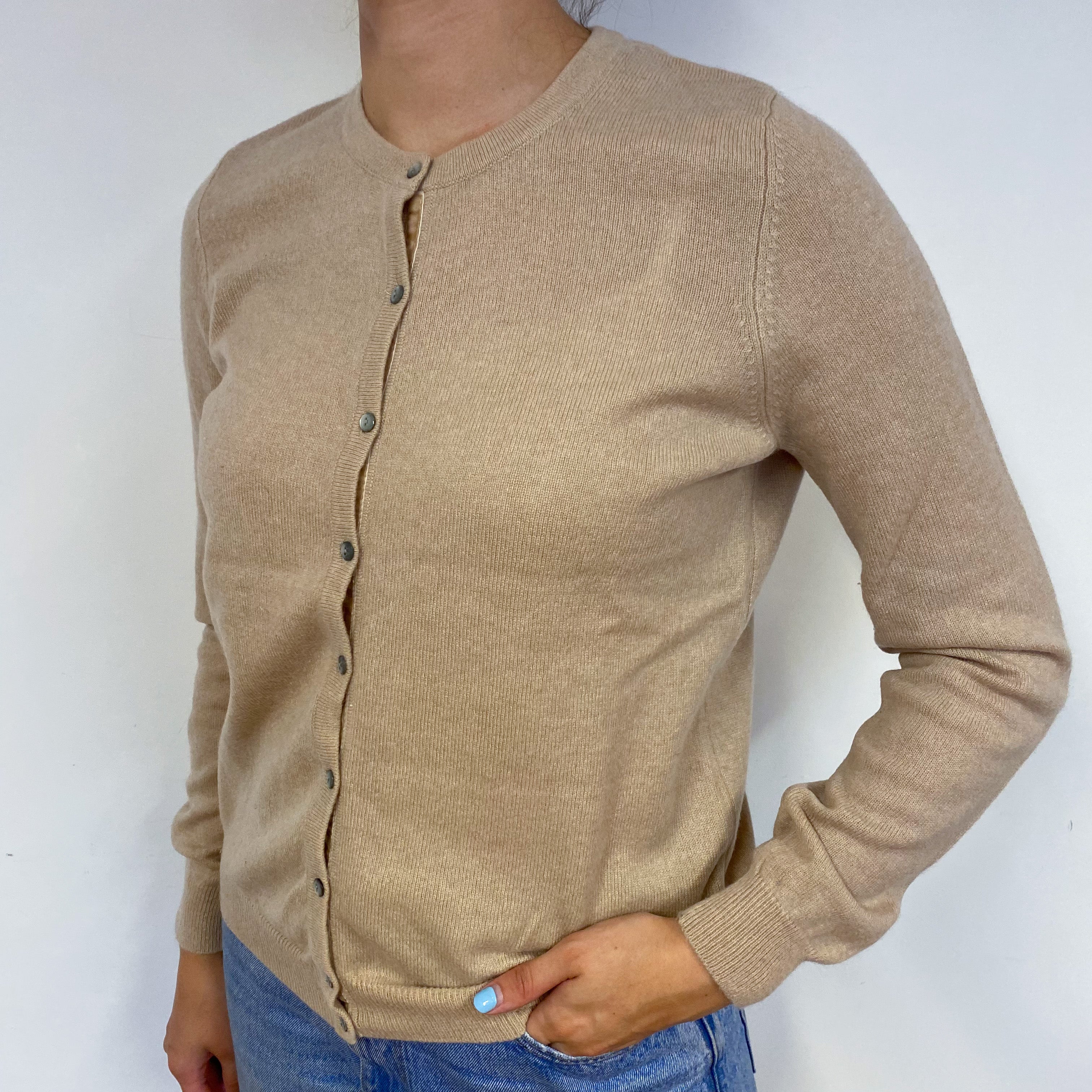 Buff Beige Crew Neck Cashmere Cardigan