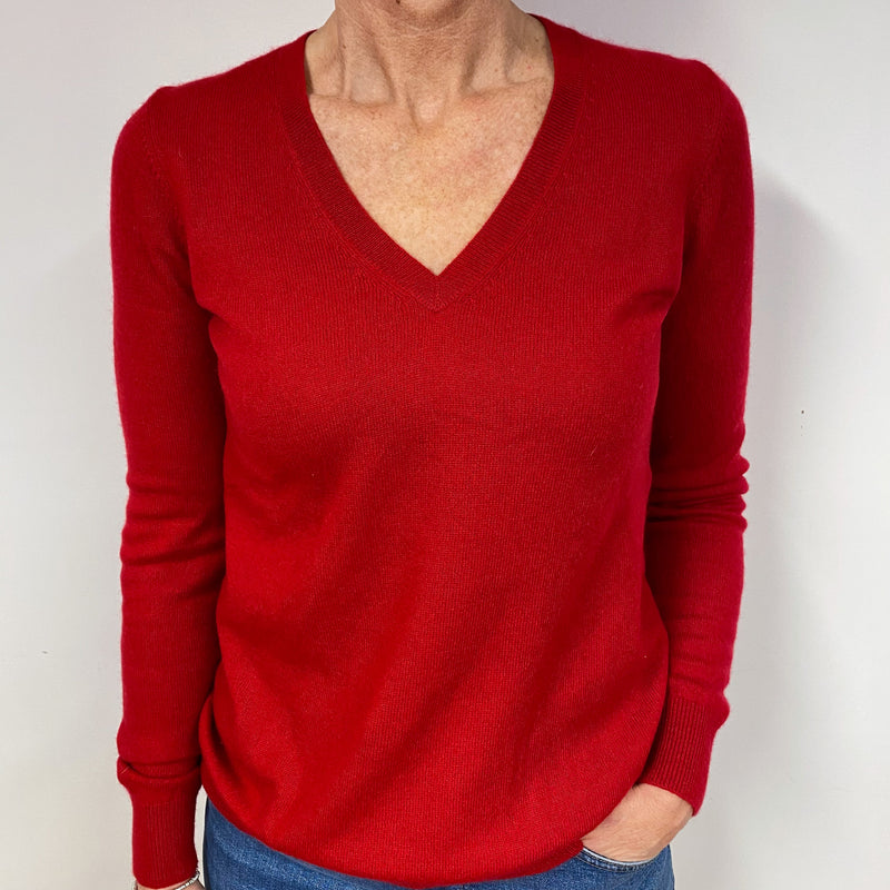 Post Box Red Cashmere V-Neck Jumper Medium