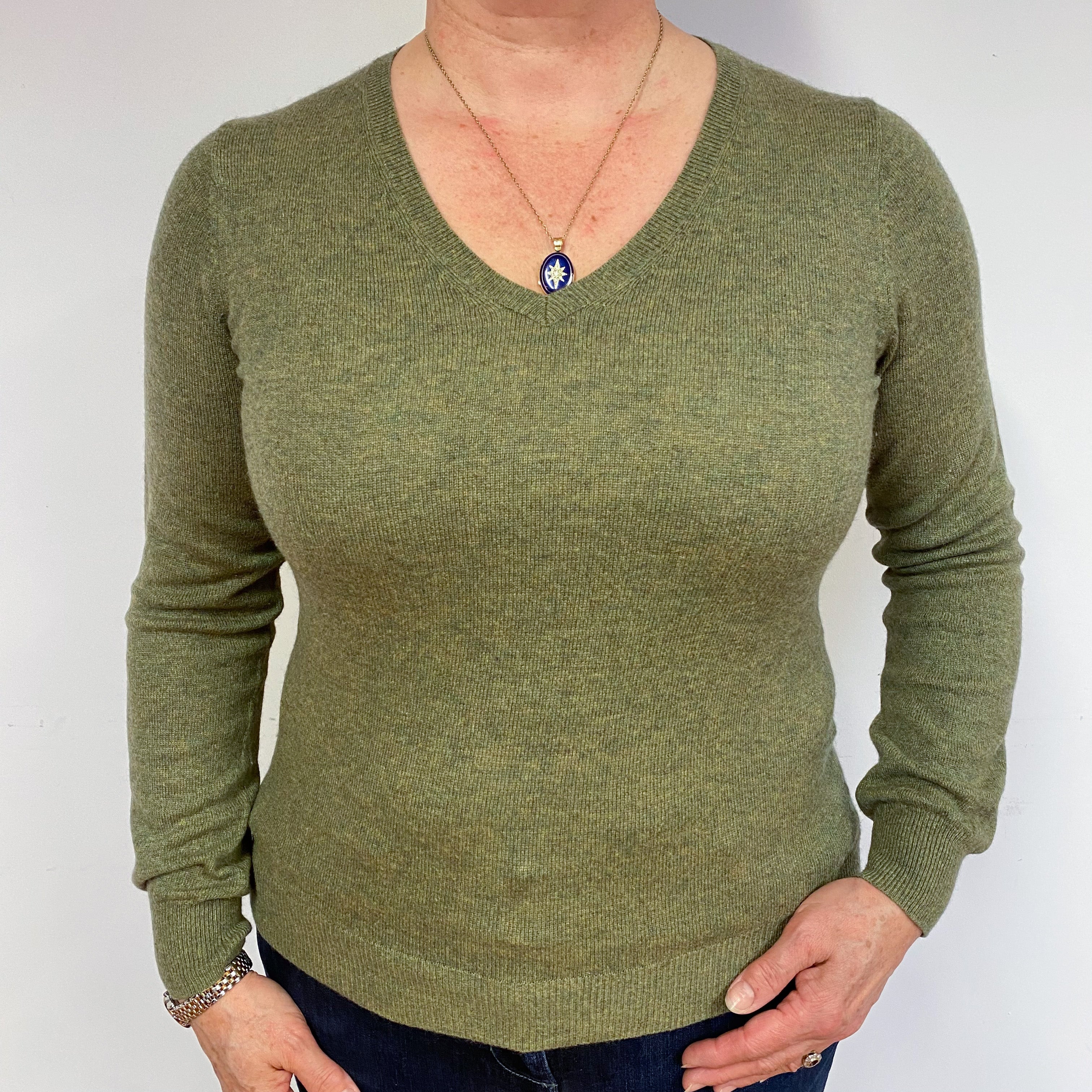 Olive Green Cashmere V-Neck Jumper Large
