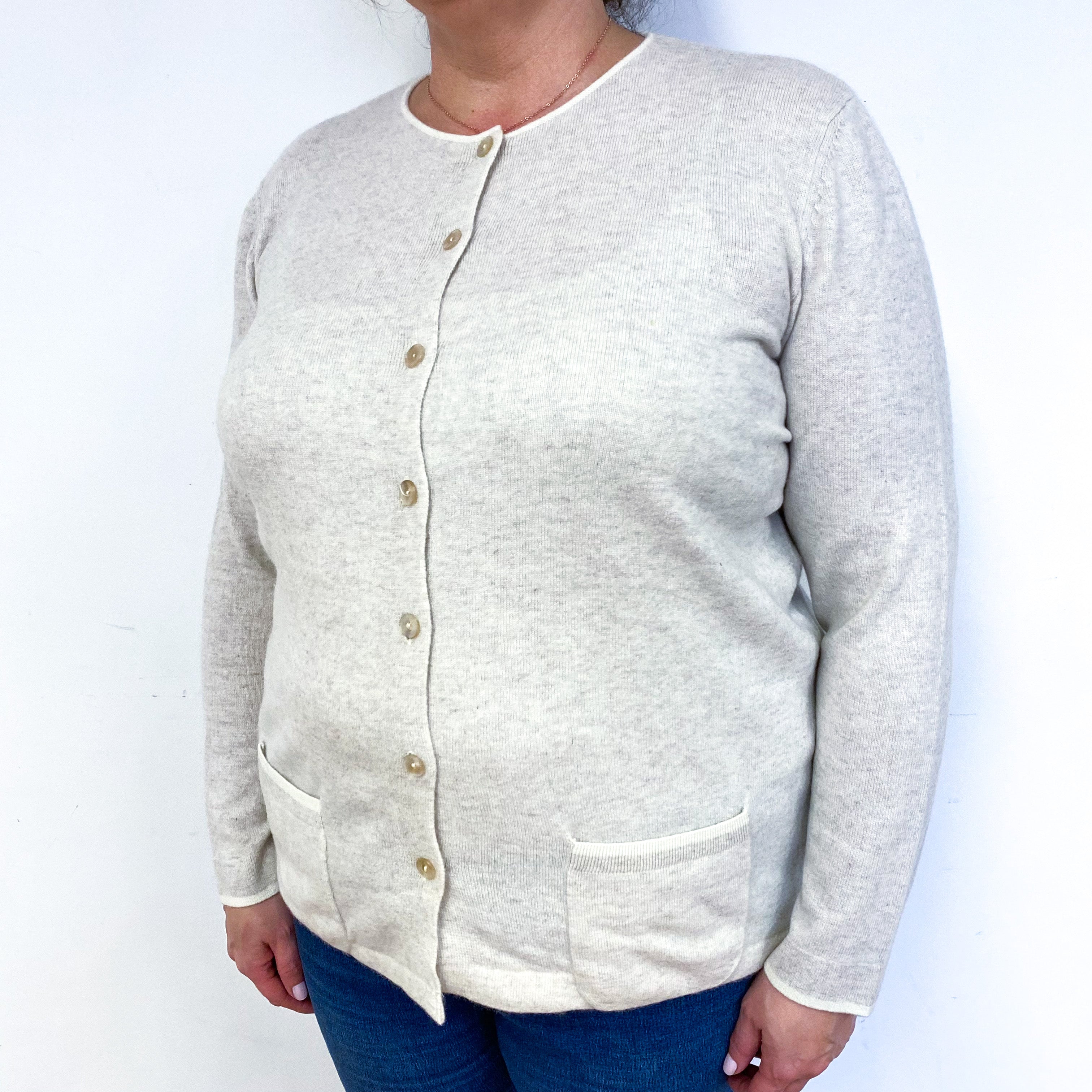 Oatmeal Beige Cashmere Crew Neck Cardigan Extra Large