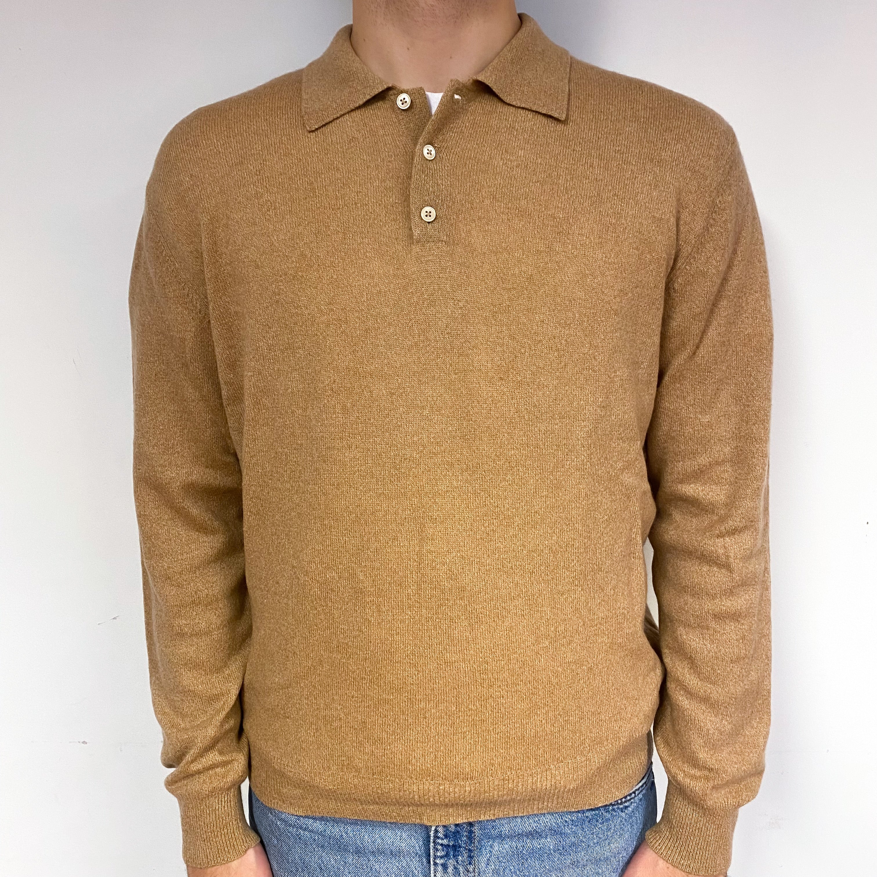 Men's Butterscotch Brown Cashmere Collared Jumper Large