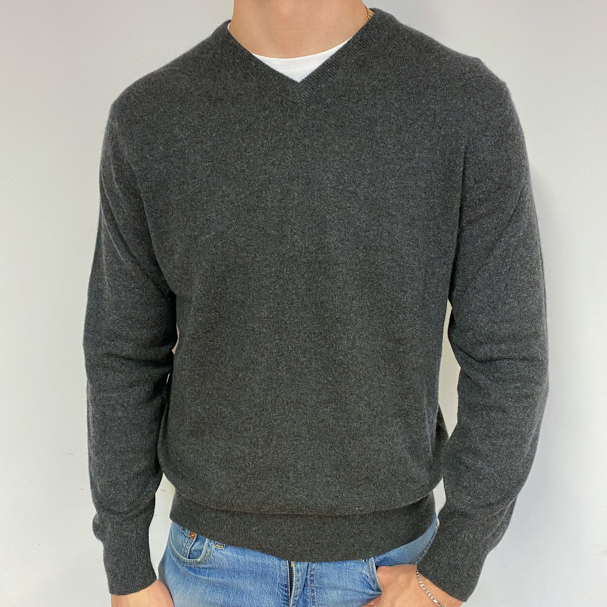 Men's Charcoal Grey Cashmere V-Neck Jumper XL