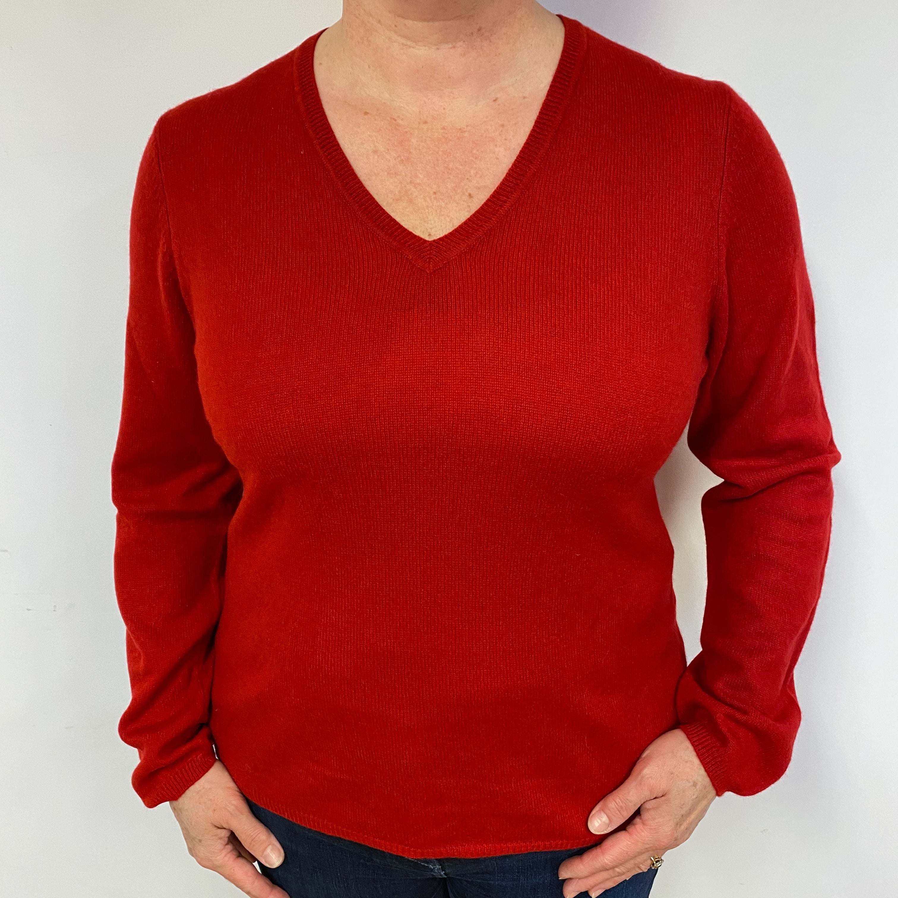 Scarlet Red Cashmere V-Neck Jumper Large.