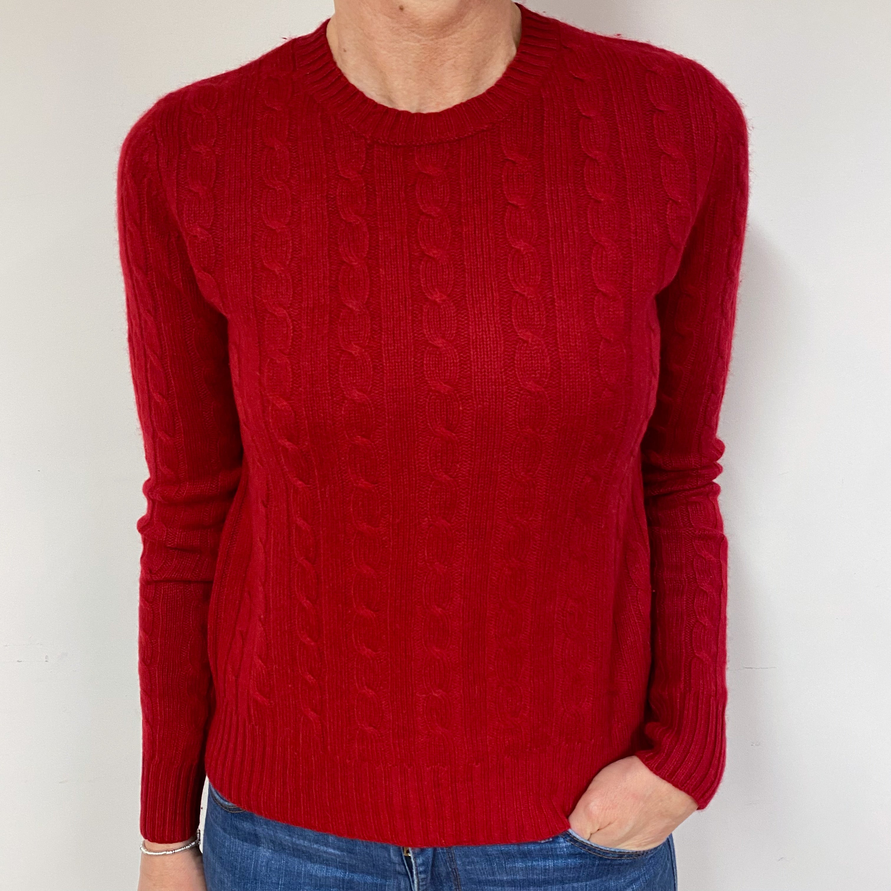 Crimson Red Cable Cashmere Crew Neck Jumper Medium