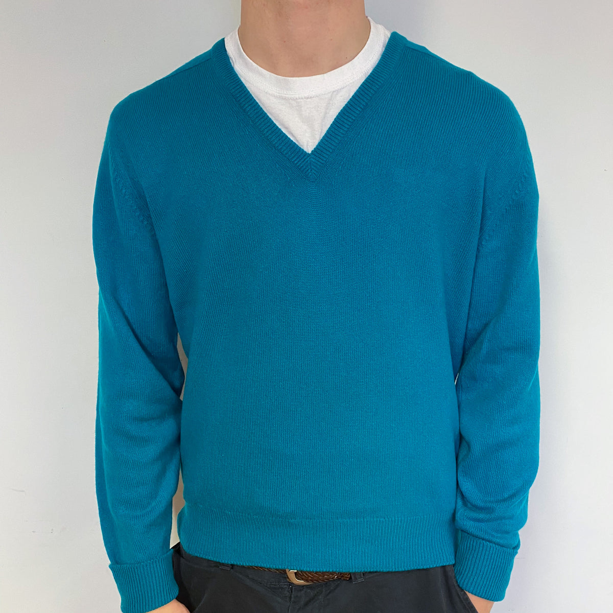 Men's Deep Turquoise Cashmere V-Neck Jumper Medium
