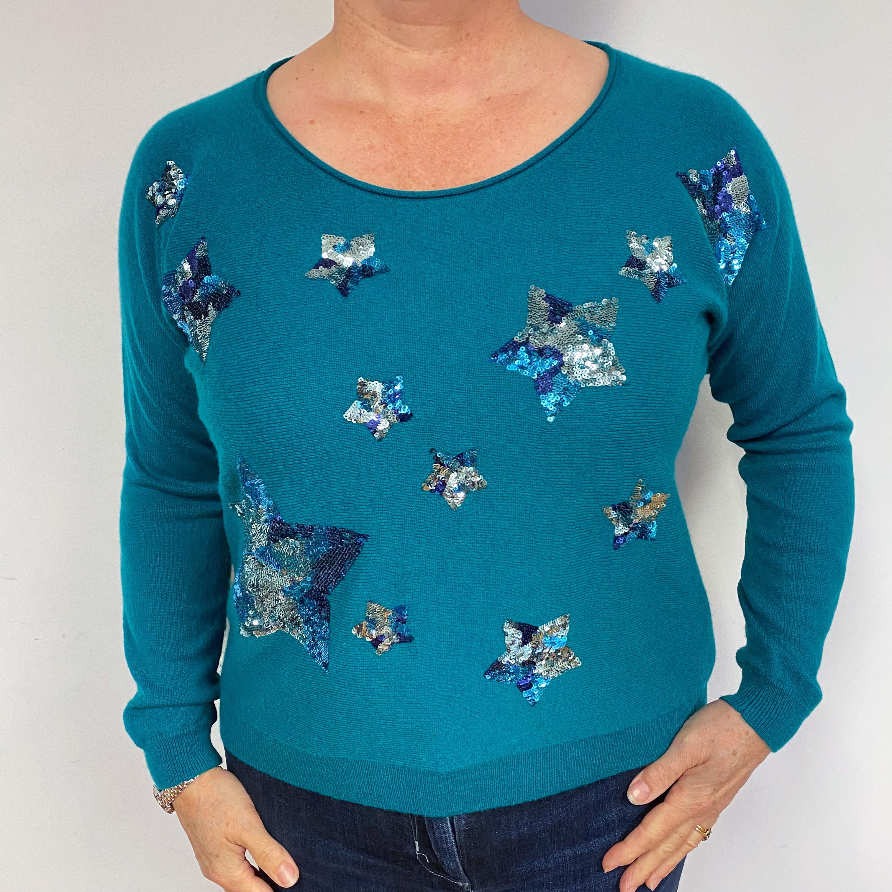 Teal Green Sequin Cashmere Crew Neck Jumper Large