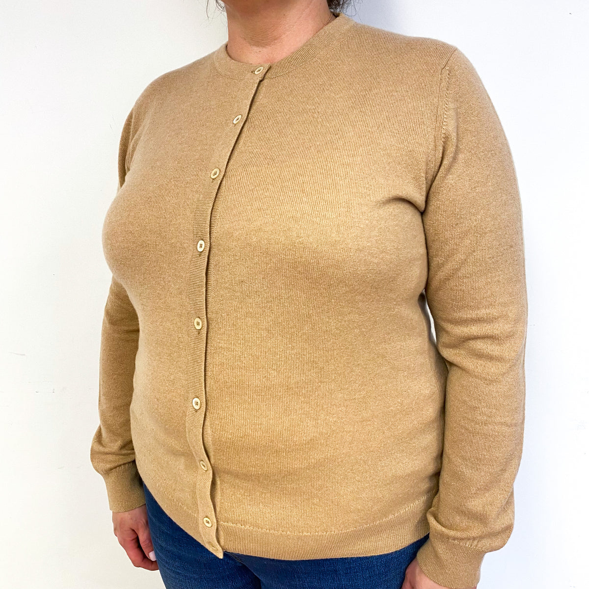 New Scottish Caramel Brown Cashmere Crew Neck Cardigan Extra Large