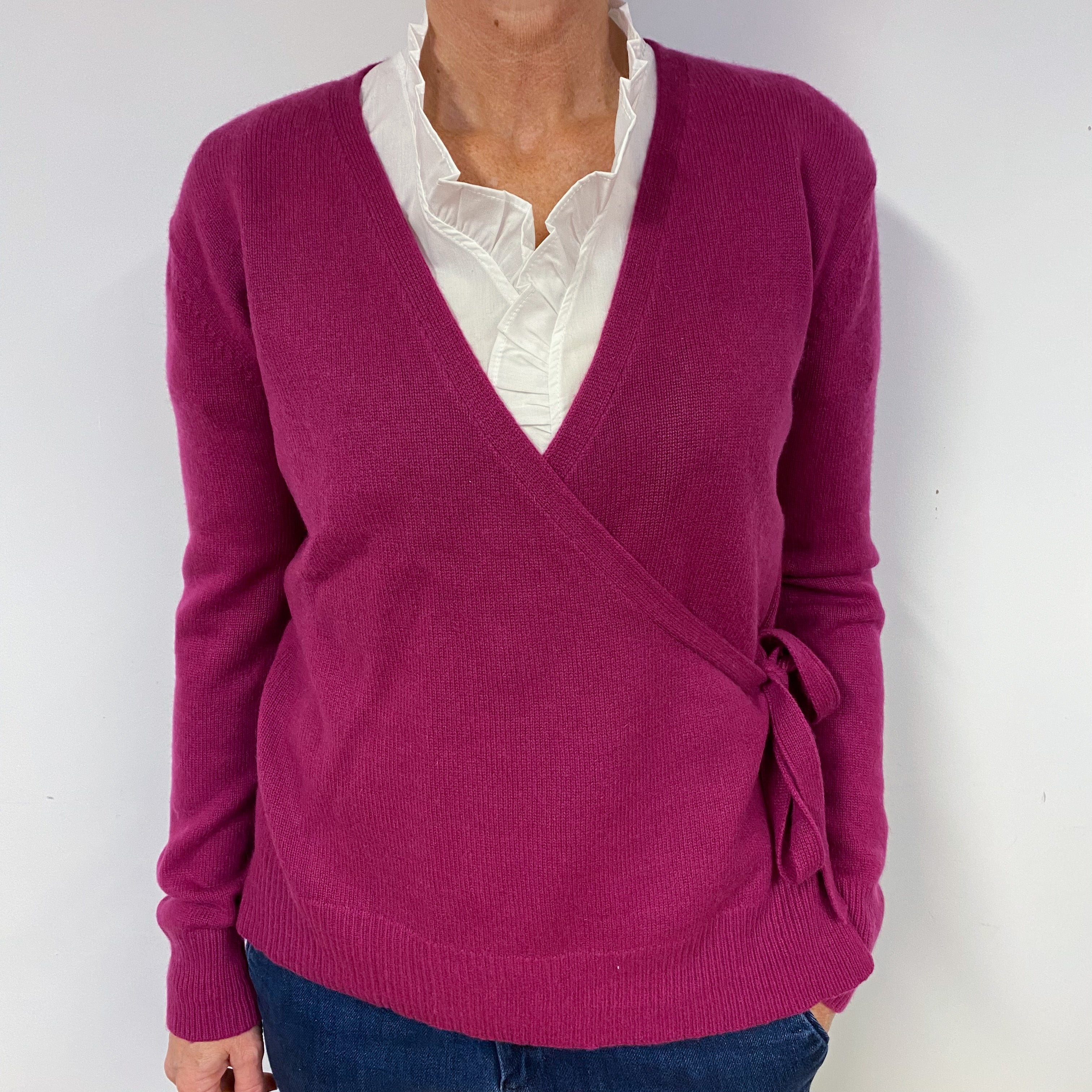 Magenta Purple Wrap Cashmere V-Neck Jumper Medium