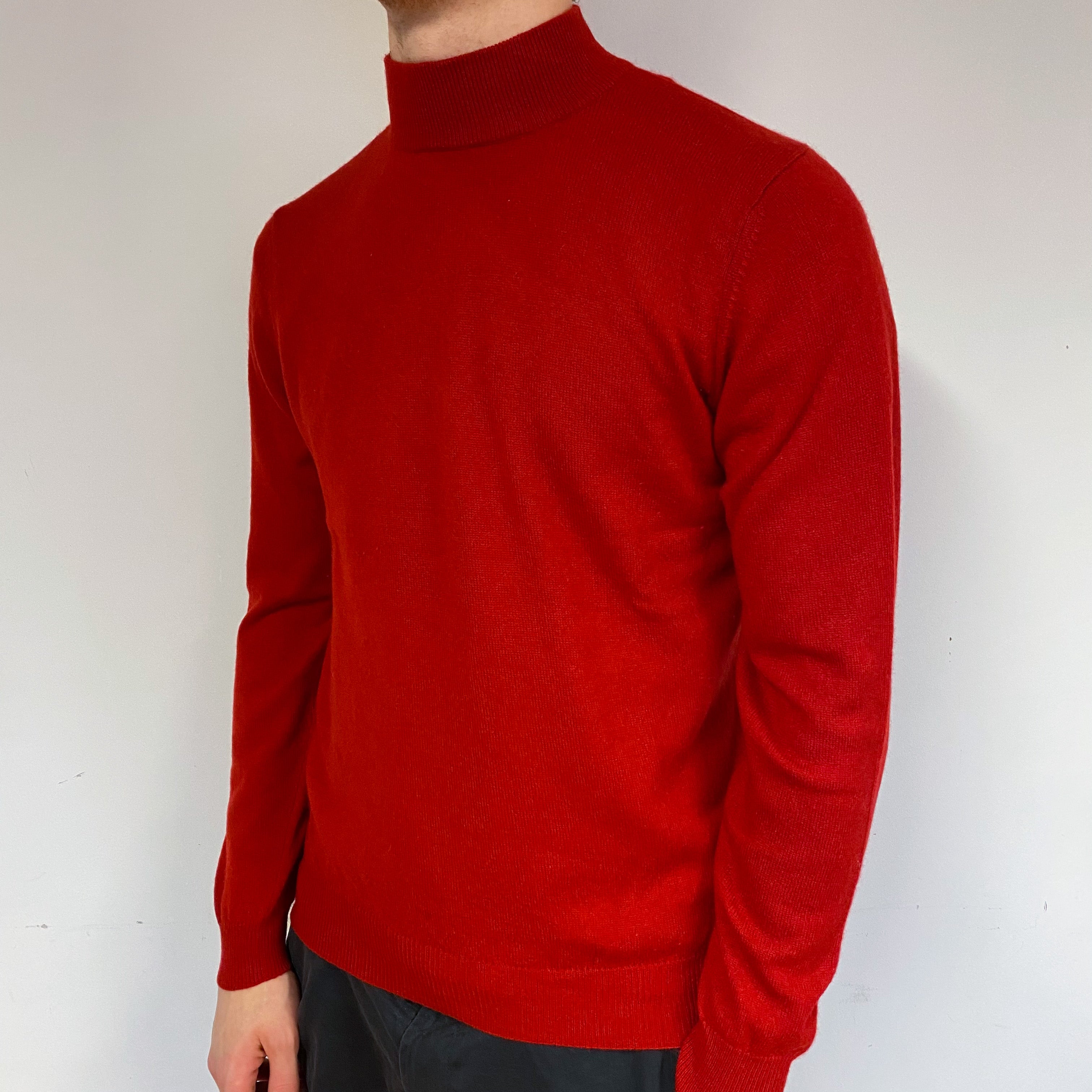Men's Crimson Red Cashmere Turtle Neck Jumper Medium