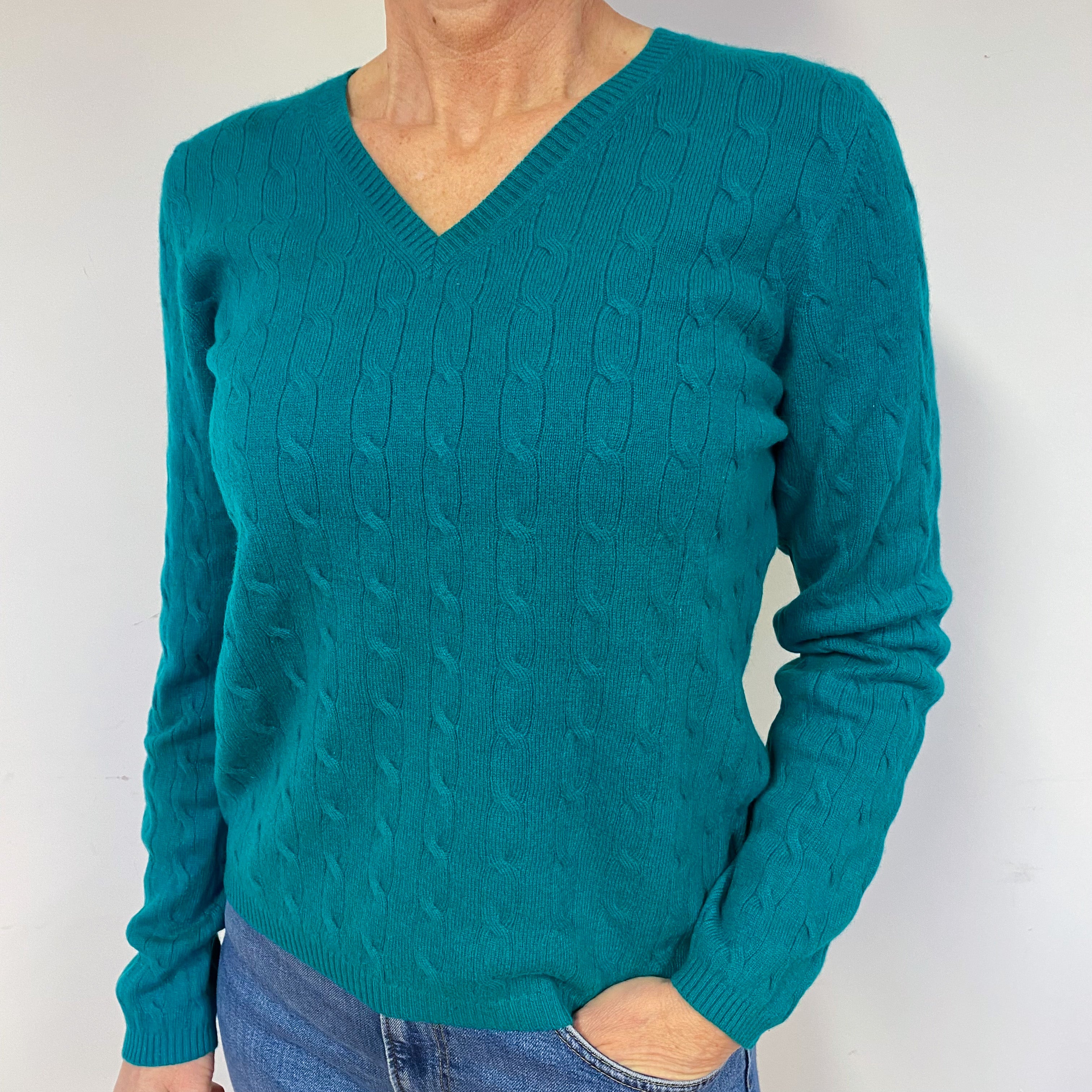 Peacock Green Cable Cashmere V-Neck Jumper Medium