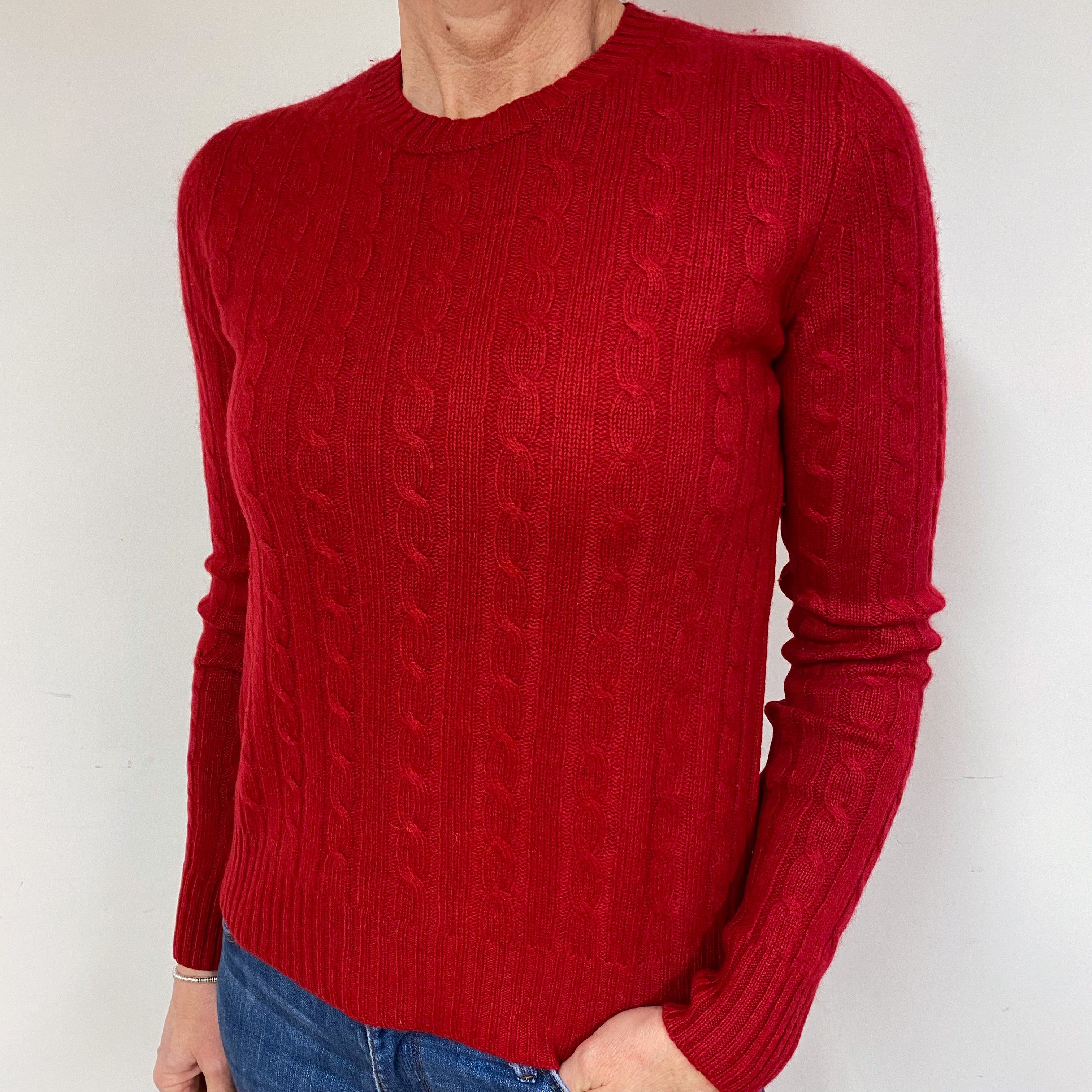 Crimson Red Cable Cashmere Crew Neck Jumper Medium